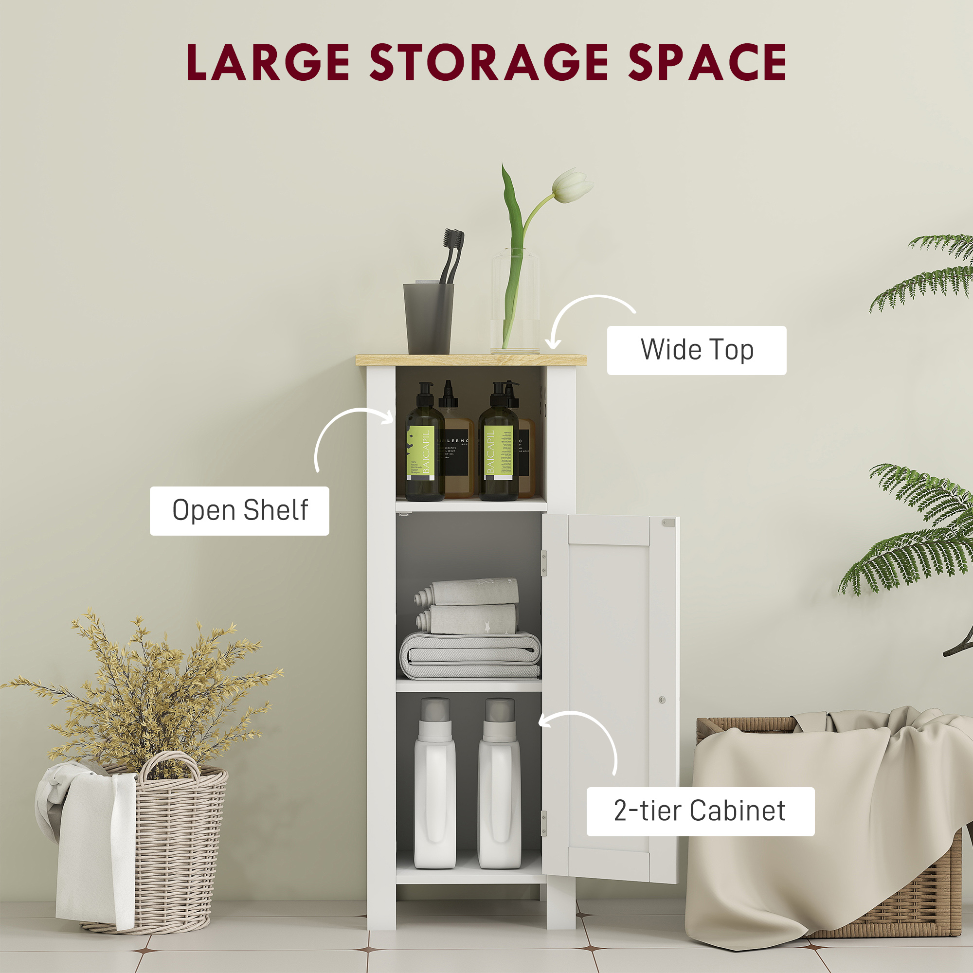 kleankin Slim Bathroom Storage Unit with Open Shelf, Bathroom Storage Cabinet with Adjustable Shelf, 32 x 30 x 80 cm, White 4