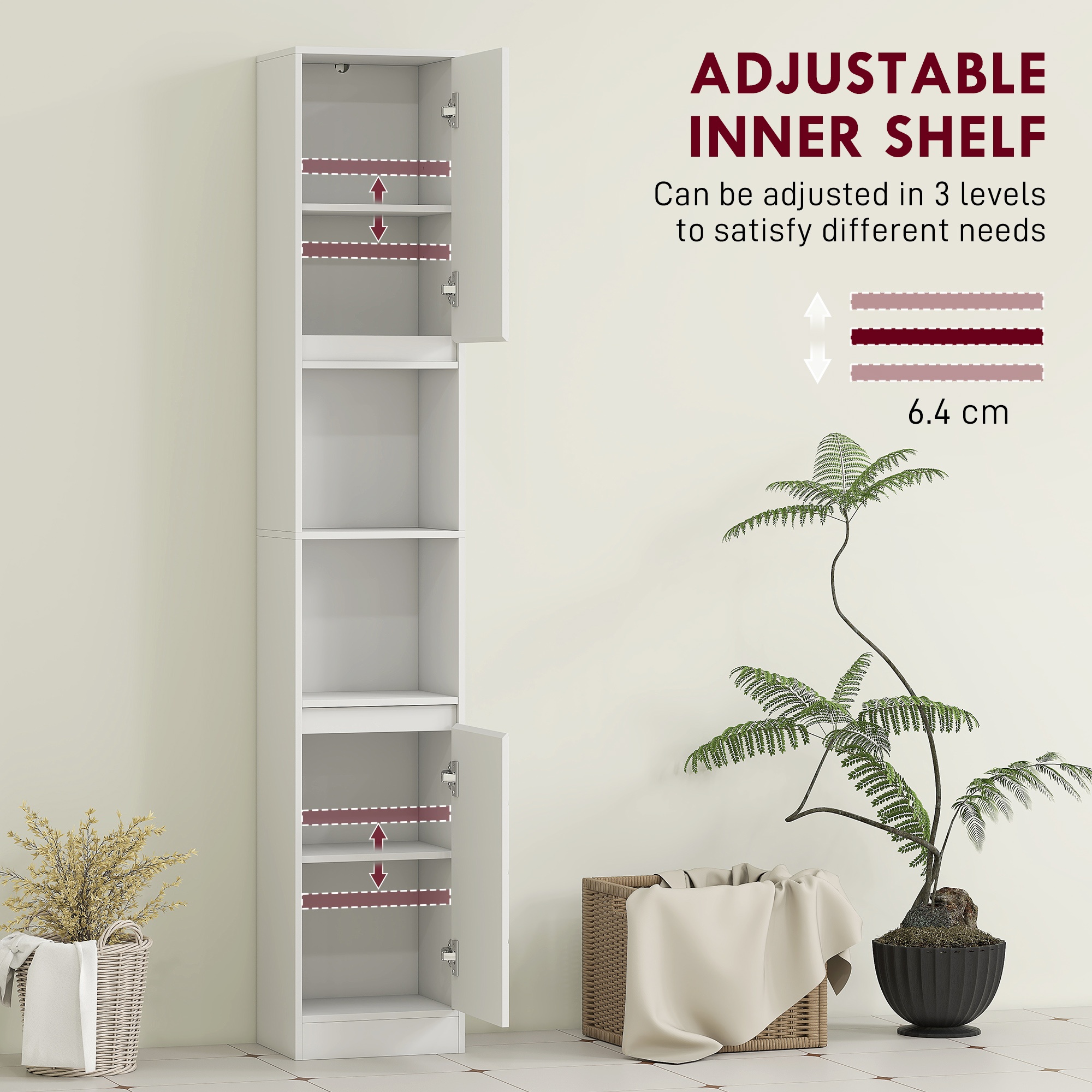 HOMCOM Narrow Bathroom Cabinet, Slim Bathroom Storage Unit with Open Compartment, Freestanding Storage Cupboard with Adjustable Shelves for Small Spaces, 30 x 24 x 170 cm, White 6