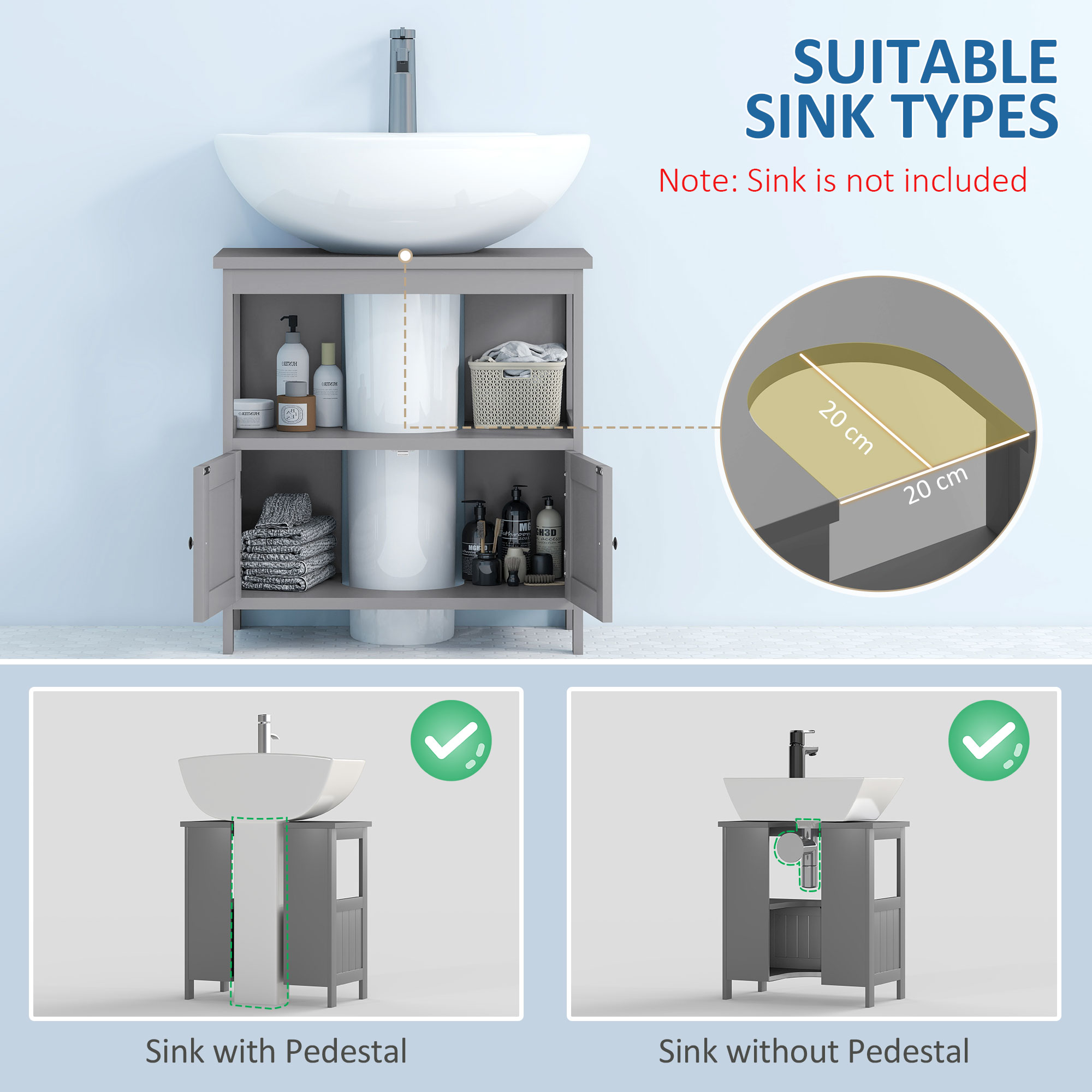 kleankin Pedestal Under Sink Cabinet with Double Doors, Modern Bathroom Vanity Storage Unit with Shelves, Light Grey 4