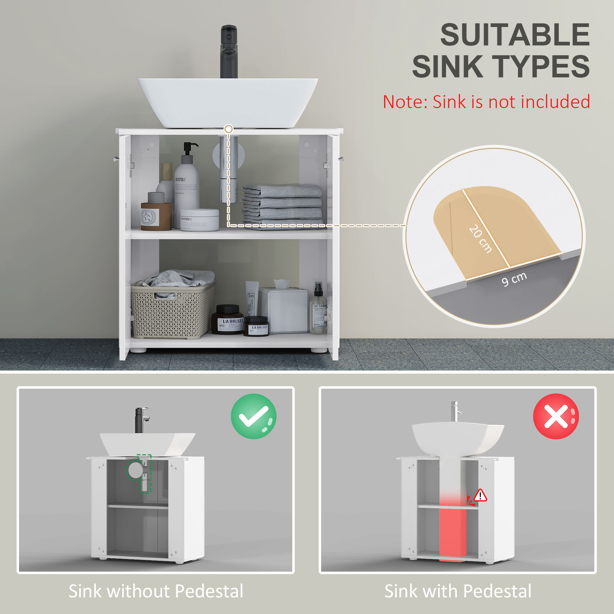 kleankin Under Sink Cabinet, Bathroom Vanity Unit, Pedestal Under Sink Design, Storage Cupboard with Adjustable Shelf, High Gloss, White 4