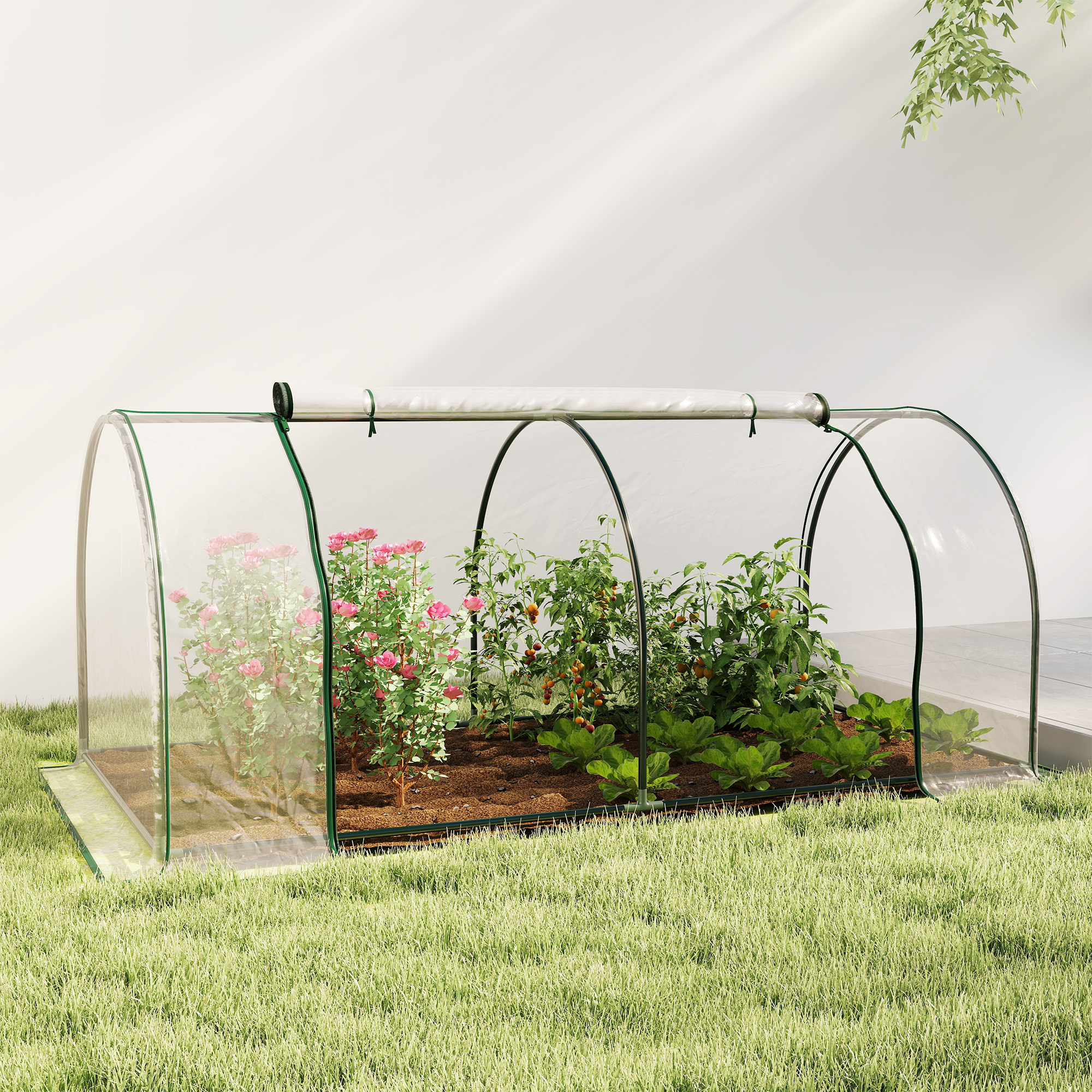 Outsunny Mini Greenhouse, Small Polytunnel Green House with Zipped Doors, Steel Frame for Garden Patio, 250 x 100 x 80cm, Clear 2