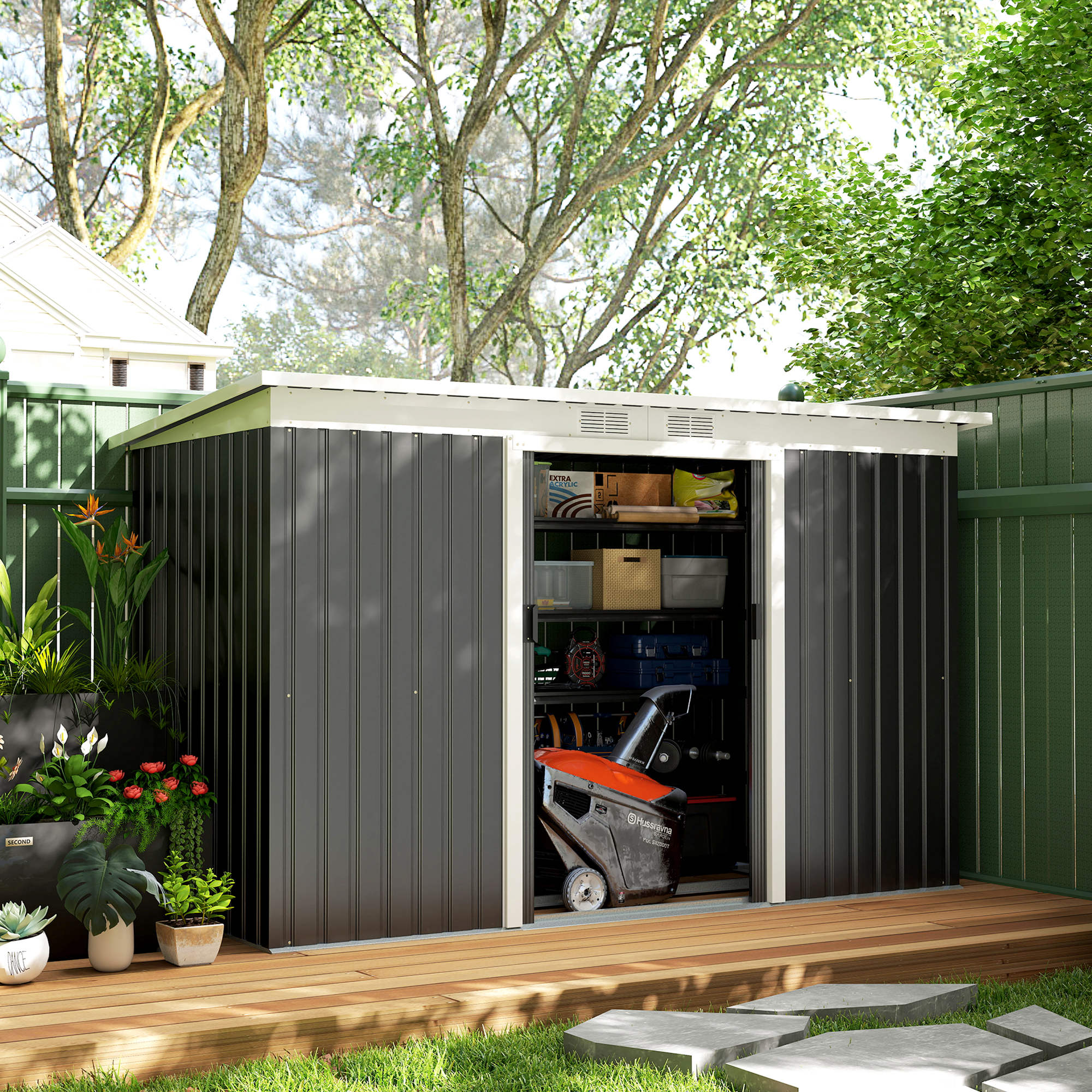 Outsunny 9ft x 4ft Metal Garden Shed, Outdoor Tool House with Foundation Kit, Ventilations and Double Doors, Dark Grey 9