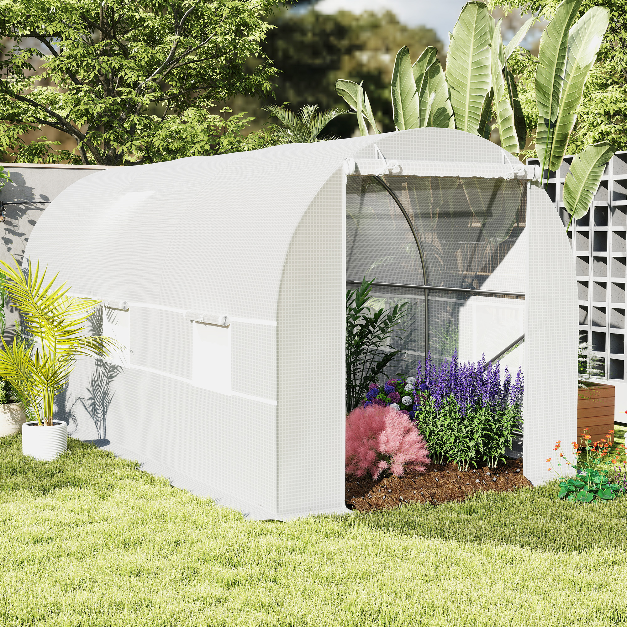Outsunny 4.5 x 2 x 2 m Polytunnel Greenhouse, Walk-in Green House for Garden with Mesh Windows, Galvanised Steel Frame, White 2