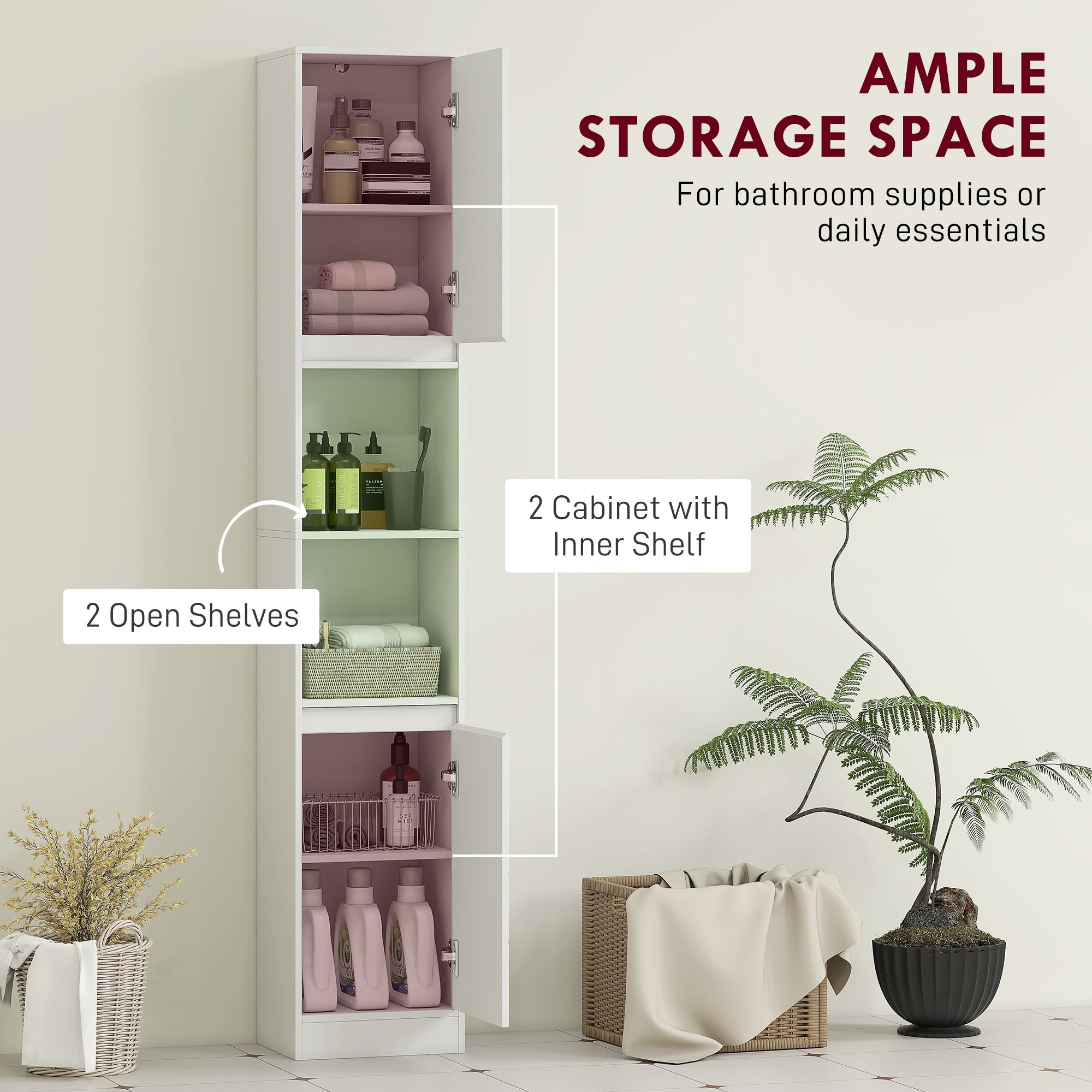 HOMCOM Narrow Bathroom Cabinet, Slim Bathroom Storage Unit with Open Compartment, Freestanding Storage Cupboard with Adjustable Shelves for Small Spaces, 30 x 24 x 170 cm, White 4