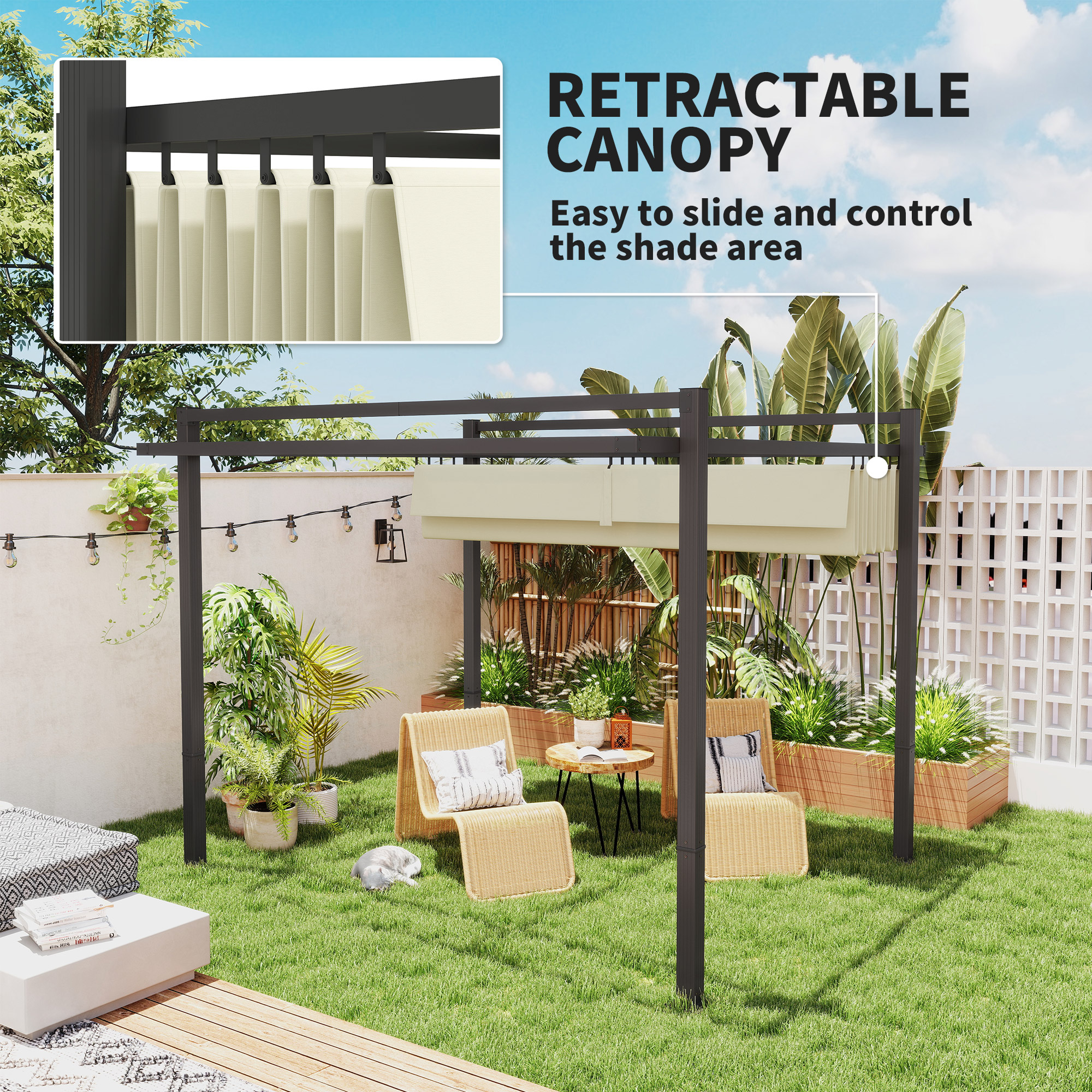 Outsunny 3 x 3m Aluminium Pergola, with Retractable Roof Grey/Khaki 4
