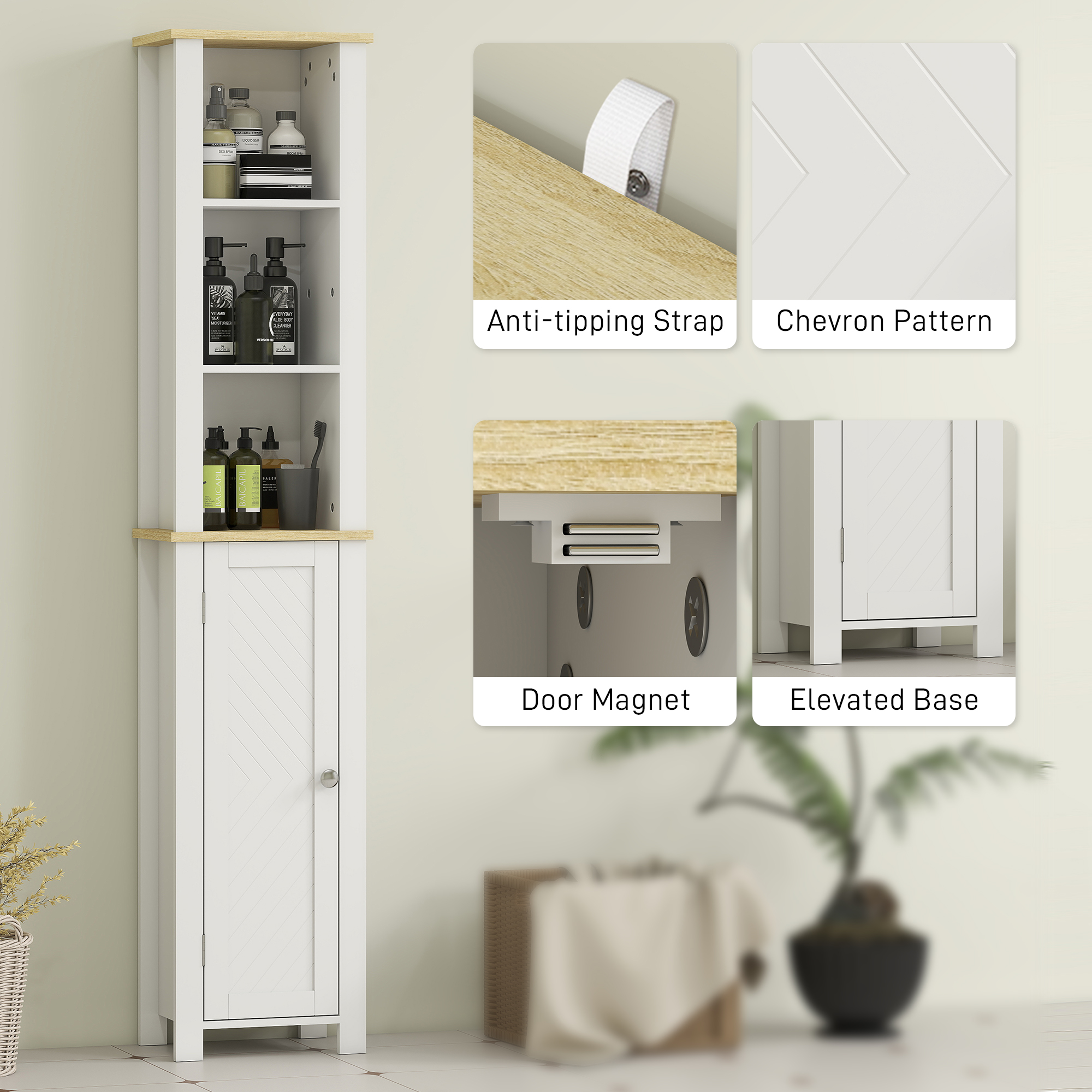 kleankin Slim Bathroom Storage Unit with Open Compartment, Bathroom Storage Cabinet with Adjustable Shelf, 34 x 23 x 165 cm, White 6