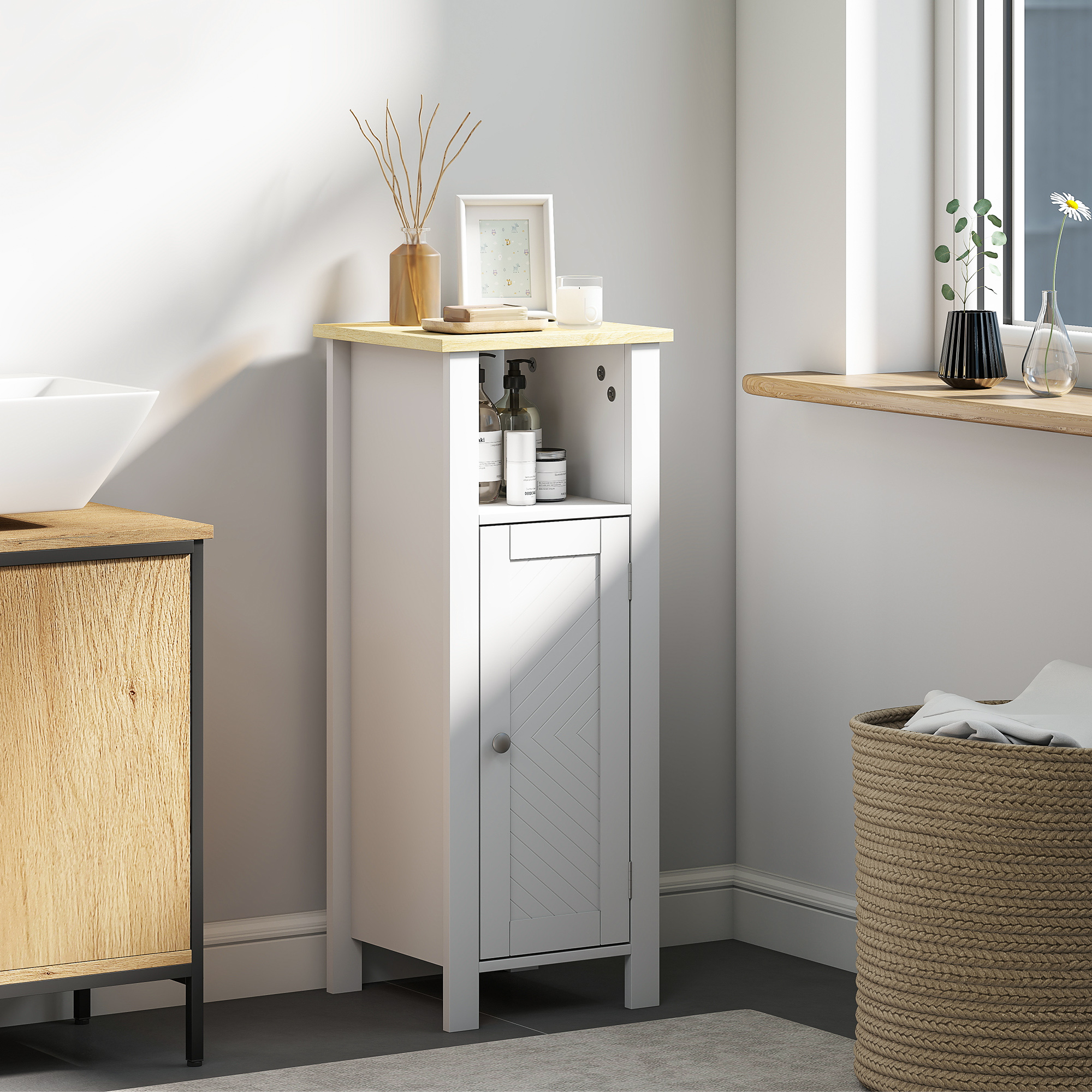 kleankin Slim Bathroom Storage Unit with Open Shelf, Bathroom Storage Cabinet with Adjustable Shelf, 32 x 30 x 80 cm, White 2
