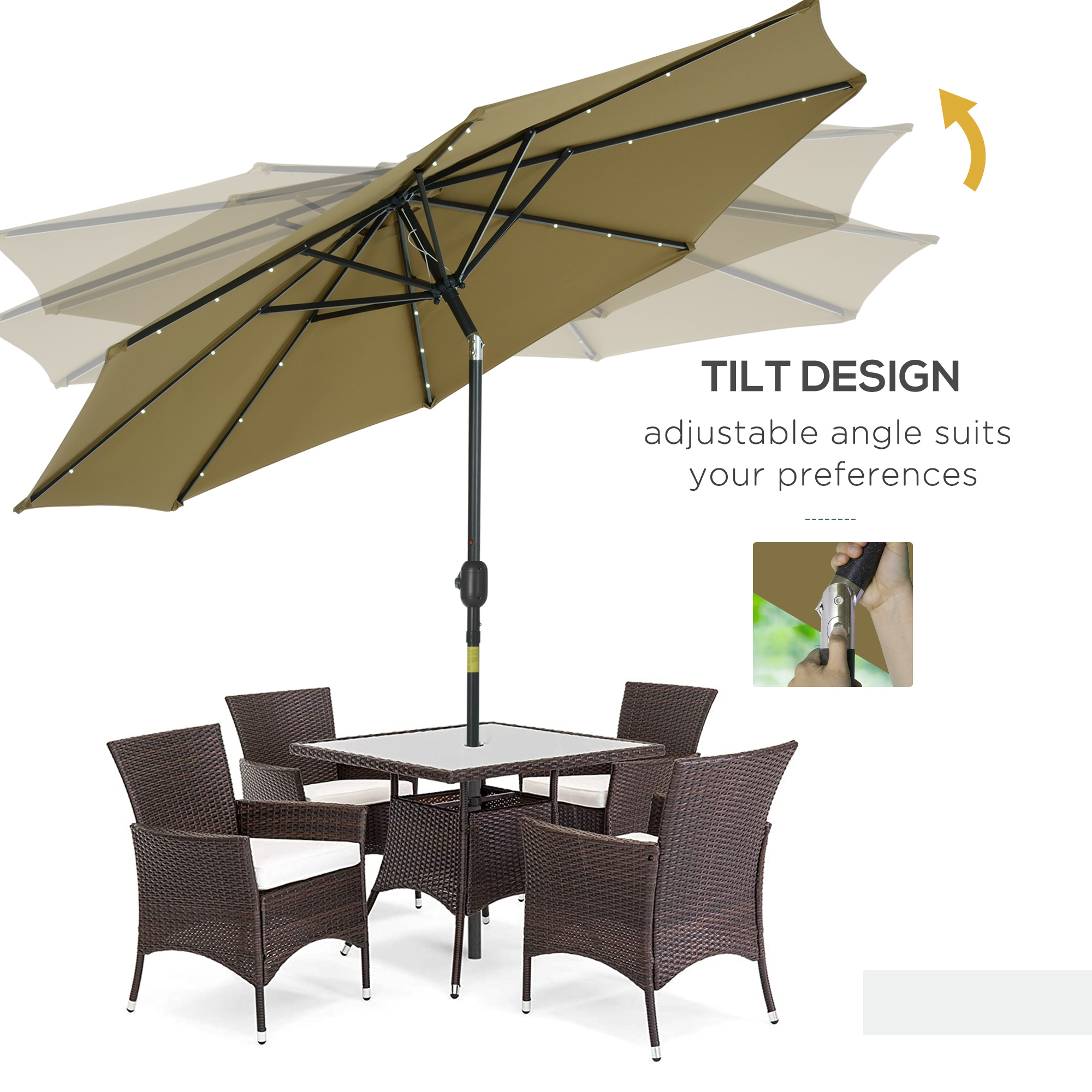 Outsunny 2.7m Patio Garden Umbrella Outdoor Parasol with Tilt Crank and 24 LEDs Lights (Brown) 6