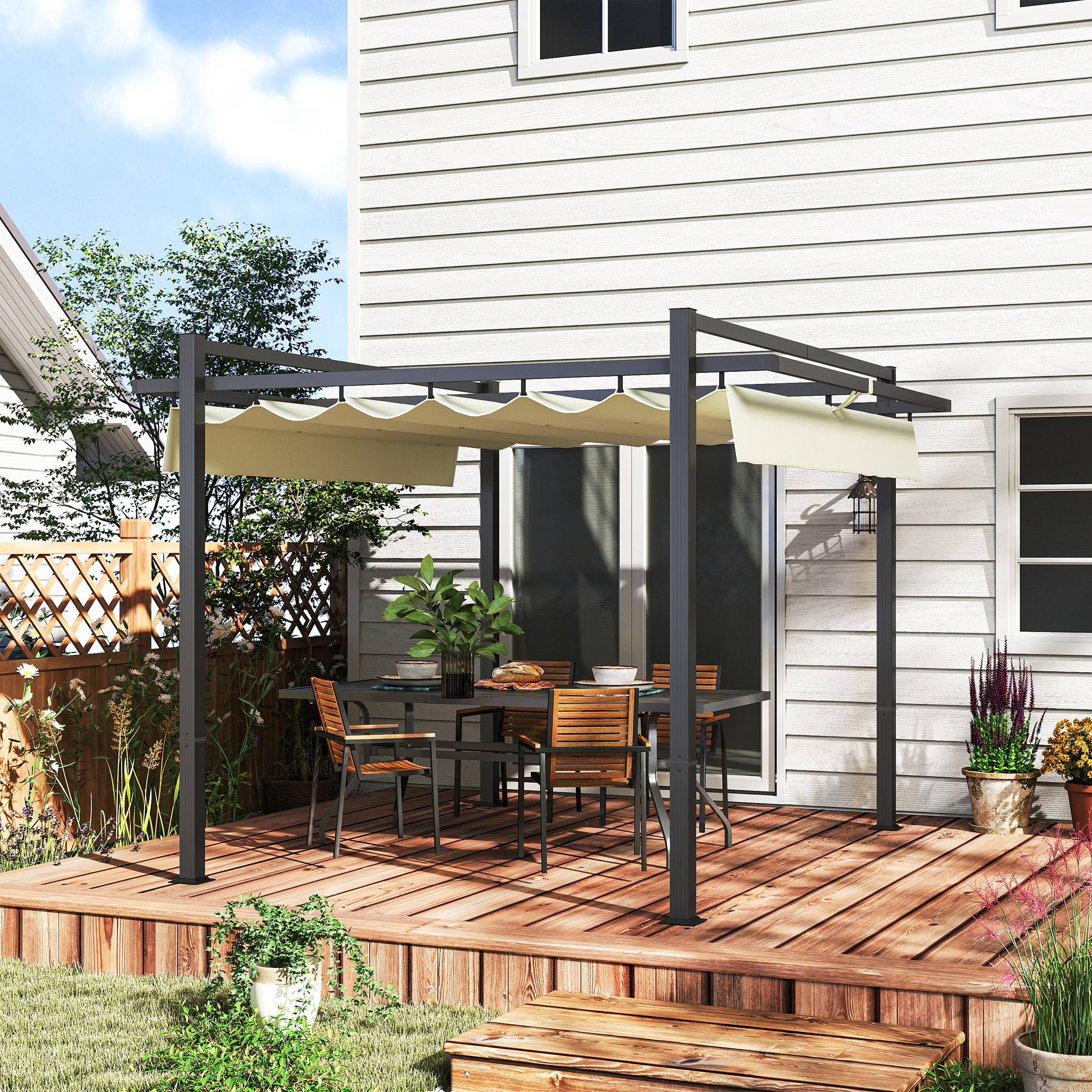 Outsunny 3 x 3m Aluminium Pergola, with Retractable Roof Grey/Khaki 2