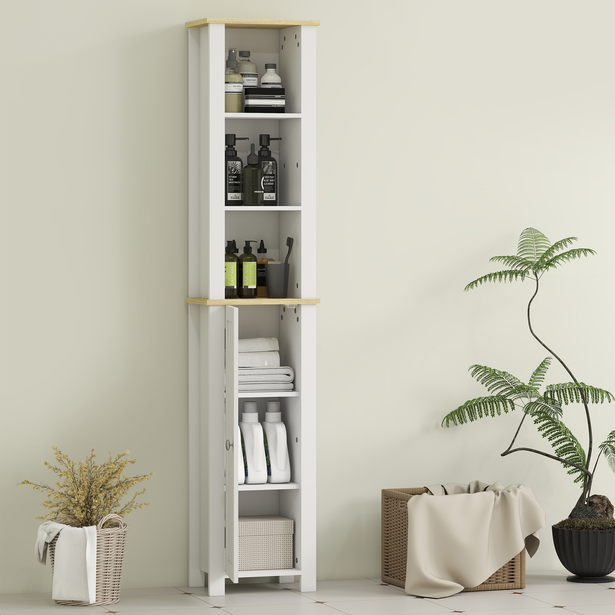 kleankin Slim Bathroom Storage Unit with Open Compartment, Bathroom Storage Cabinet with Adjustable Shelf, 34 x 23 x 165 cm, White 7