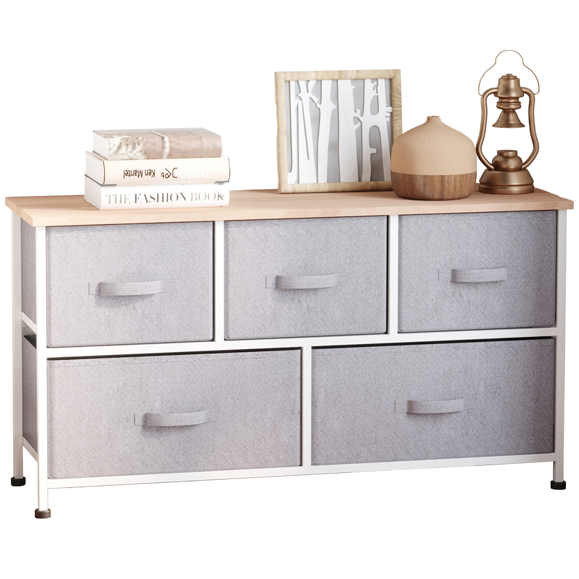 HOMCOM Commode meuble de rangement 100 x 30 x 54 cm 5 tiroirs non-tissés gris structure acier blanc bois clair