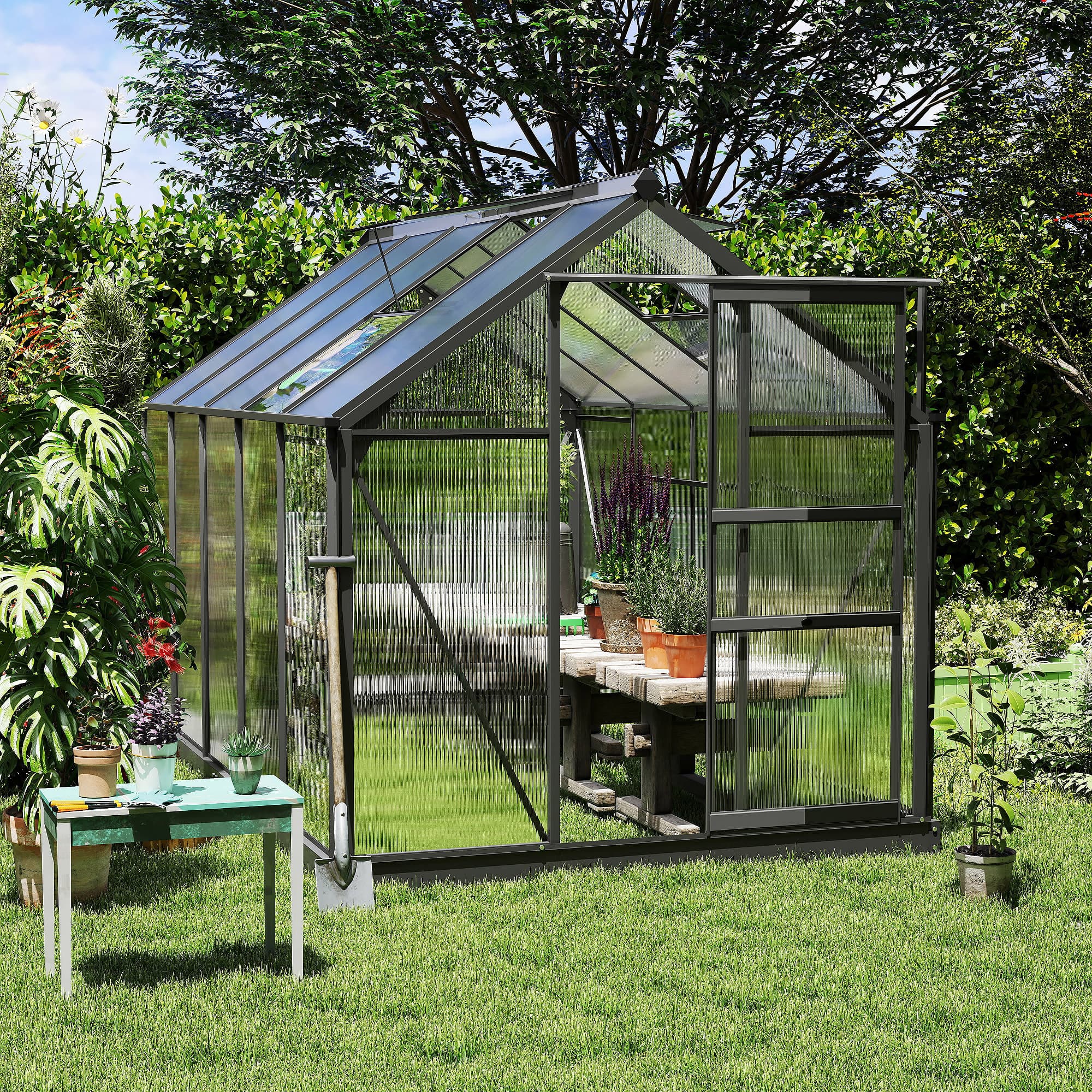 Outsunny 6 x 10ft Polycarbonate Greenhouse, Large Walk-In Green House with Slide Door and Window, Garden Plants Grow House with Aluminium Frame and Foundation, Grey 2