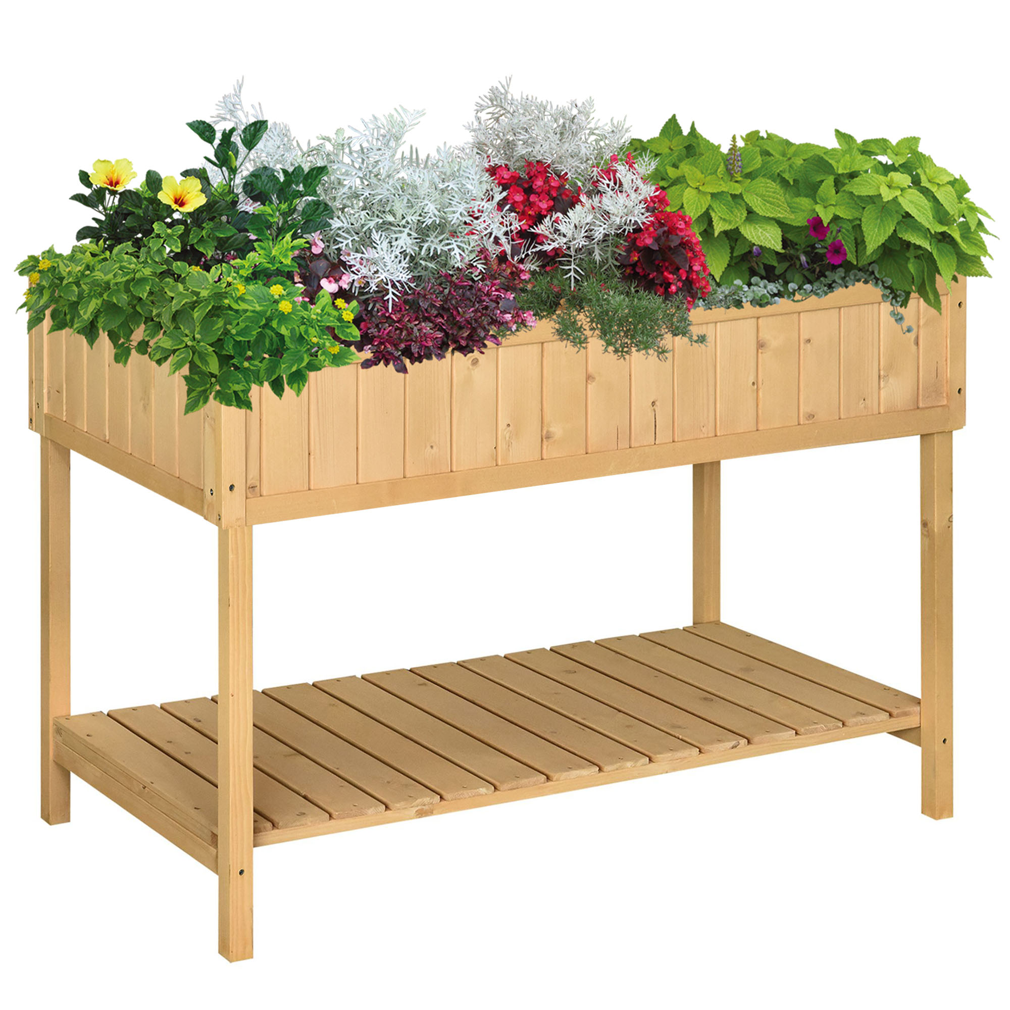 Outsunny verhoogde kweekbak, 8 Compartimenten met 8 afvoergaten, Sparrenhout, Gemakkelijk te verplaatsen, 110 x 46 x 76 cm, Natuurhout | Aosom.nl