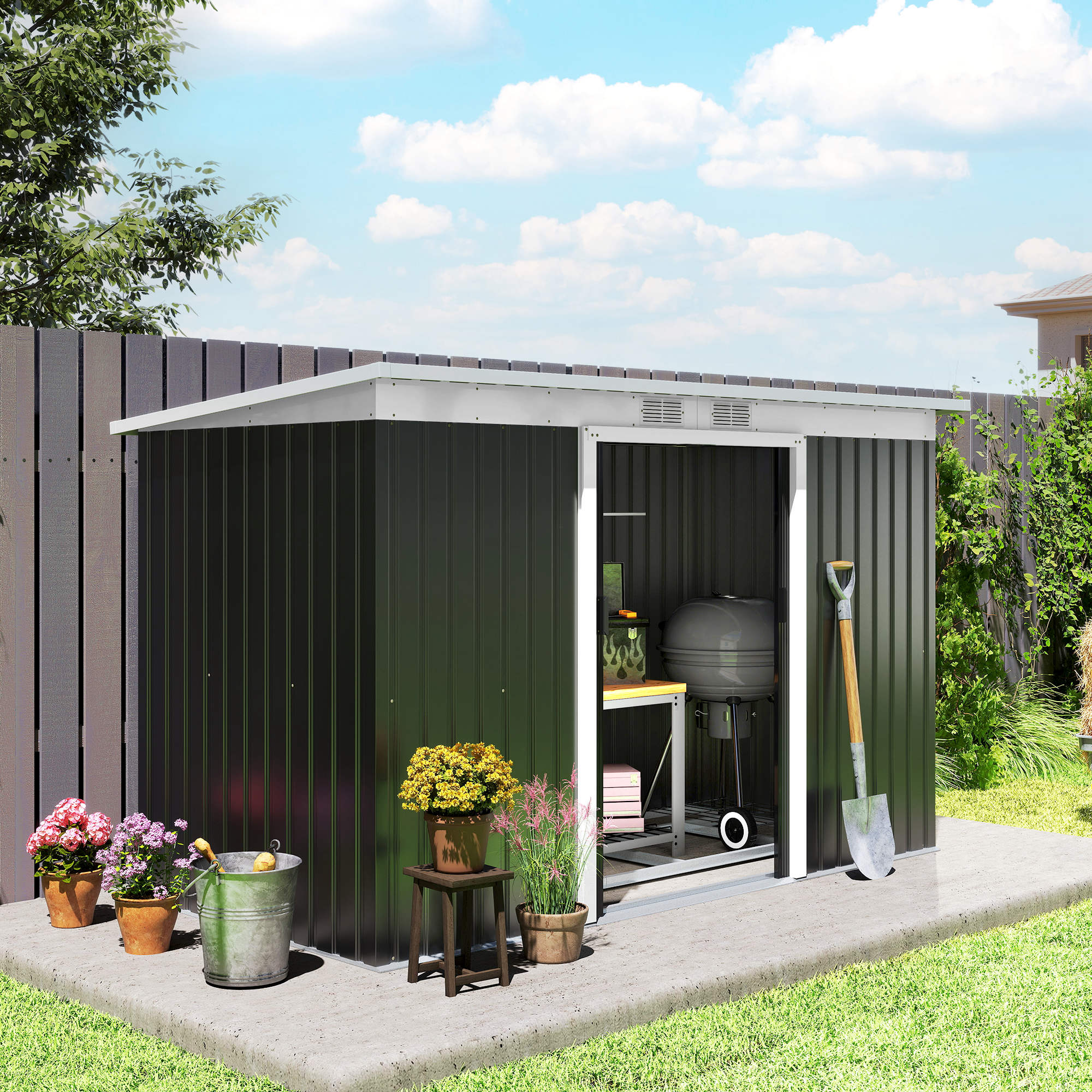 Outsunny 9ft x 4ft Metal Garden Shed, Outdoor Tool House with Foundation Kit, Ventilations and Double Doors, Dark Grey 2