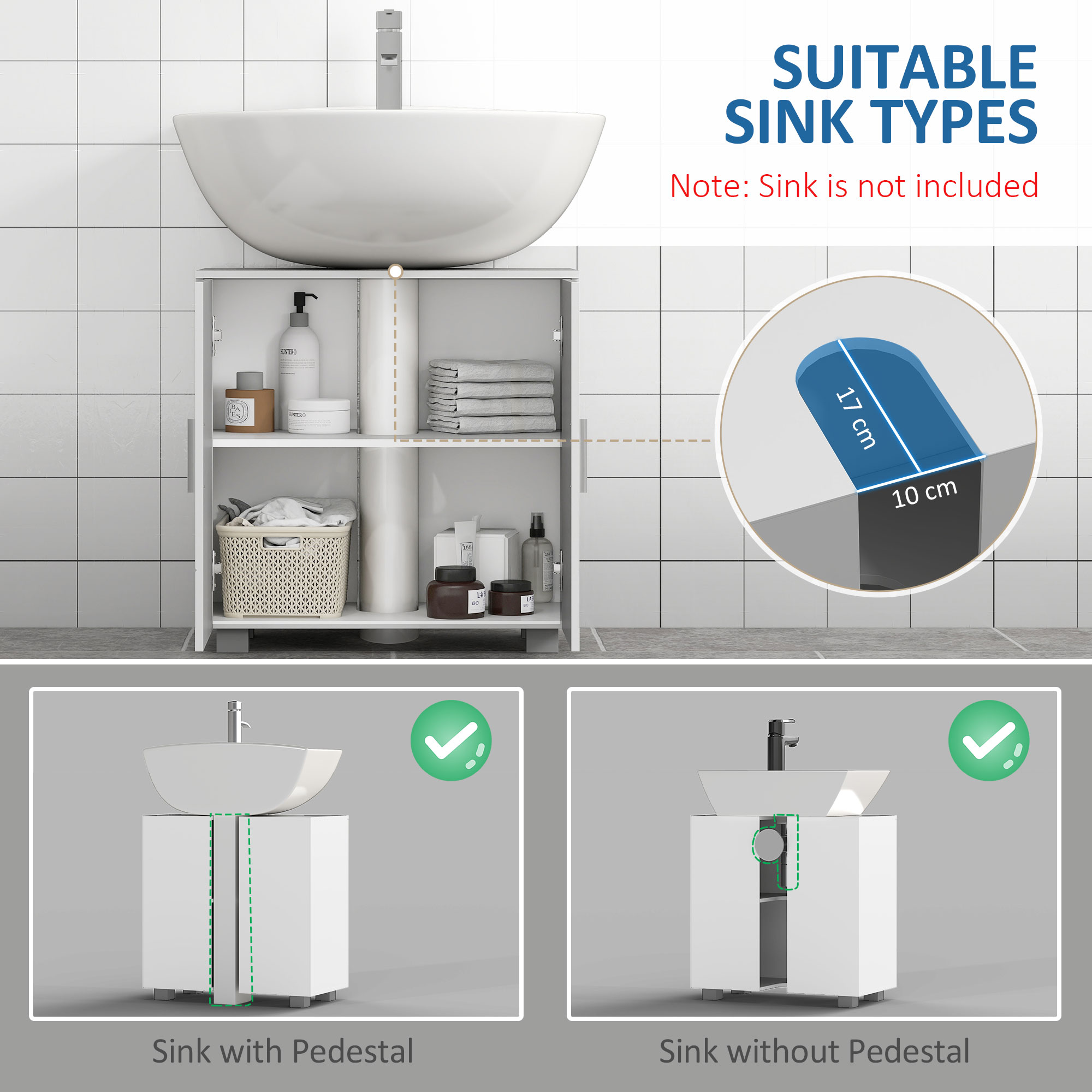 kleankin Pedestal Under Sink Cabinet, Modern Bathroom Vanity Unit, Storage Cupboard with Double Doors, Adjustable Shelf, White 4