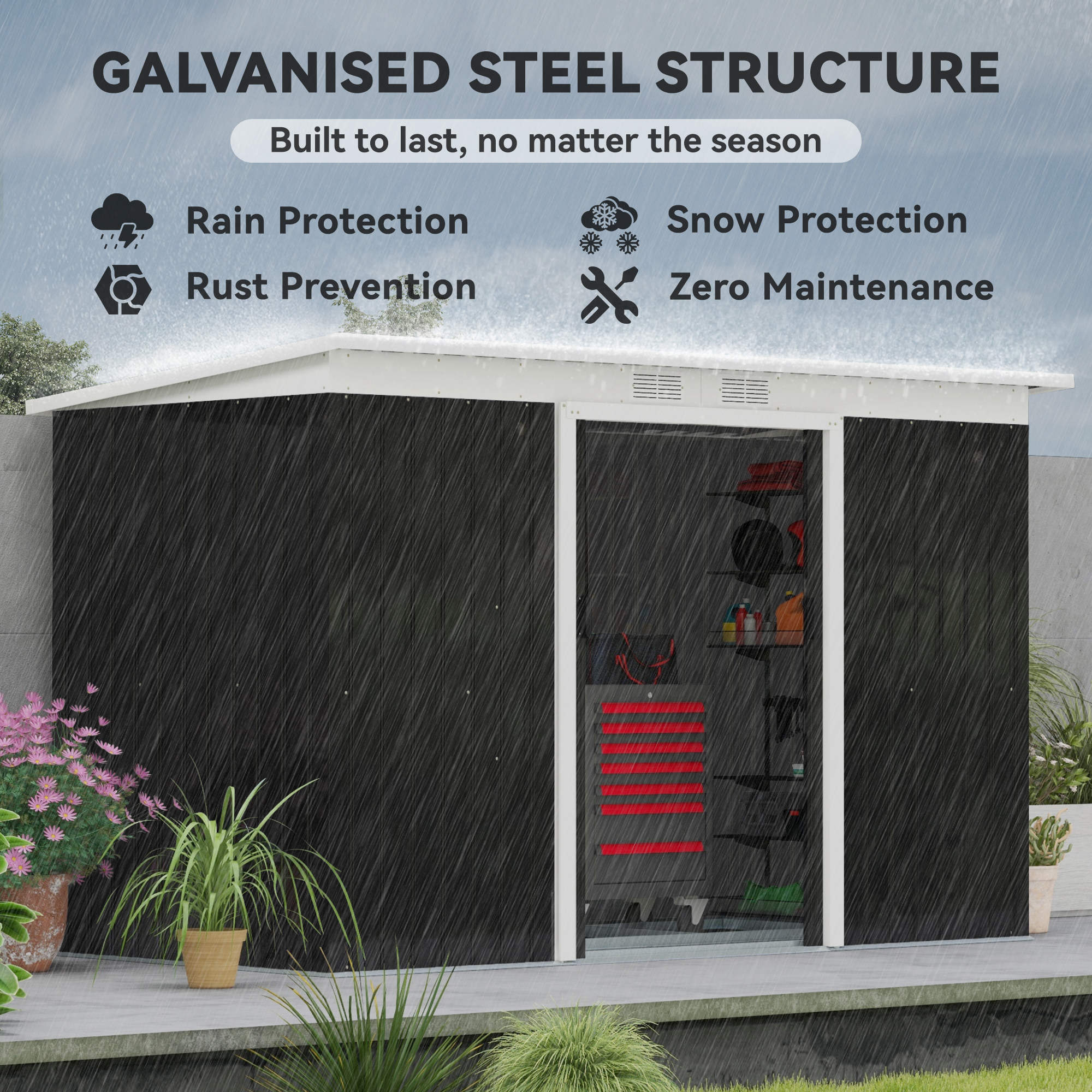 Outsunny 9ft x 4ft Metal Garden Shed, Outdoor Tool House with Foundation Kit, Ventilations and Double Doors, Dark Grey 4