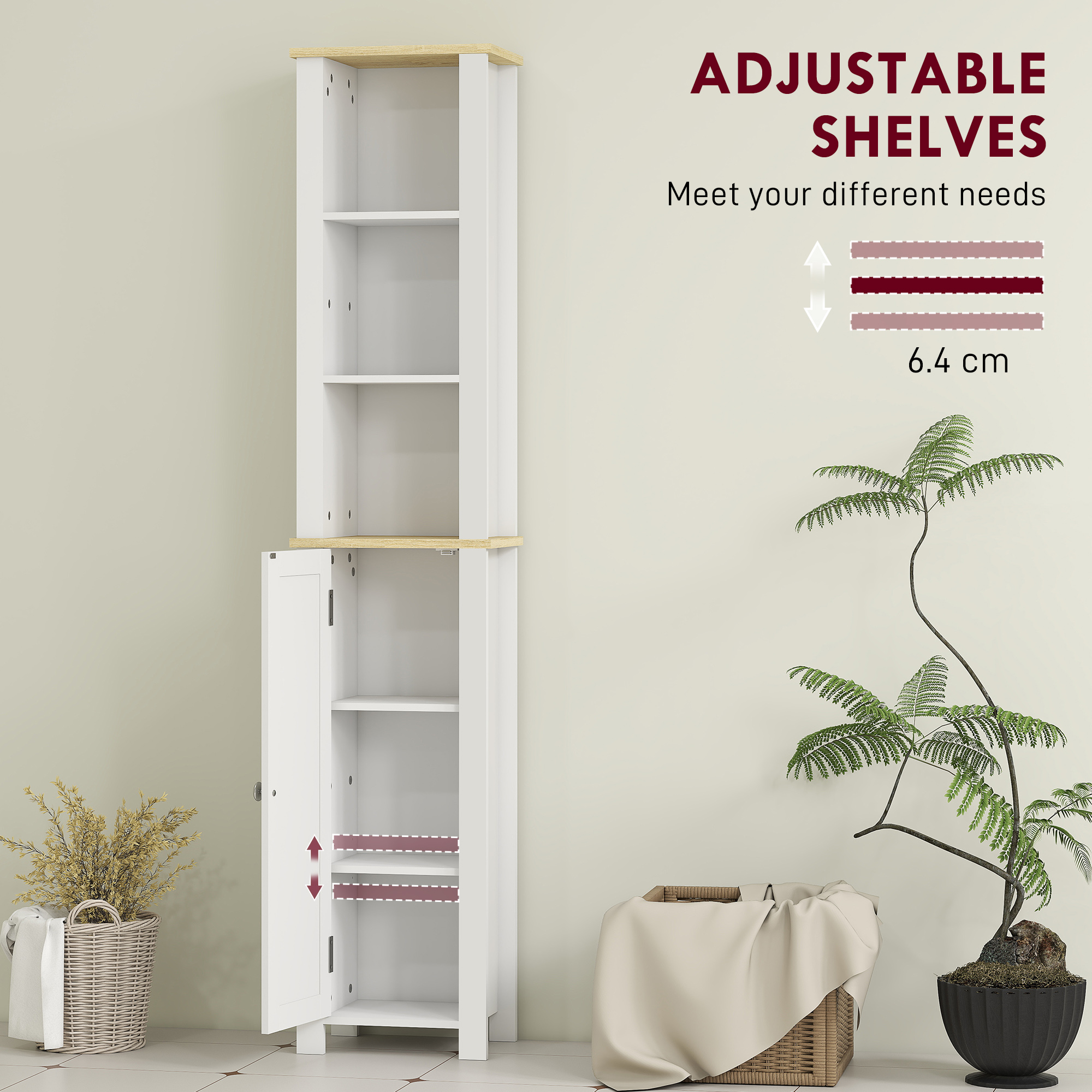 kleankin Slim Bathroom Storage Unit with Open Compartment, Bathroom Storage Cabinet with Adjustable Shelf, 34 x 23 x 165 cm, White 5