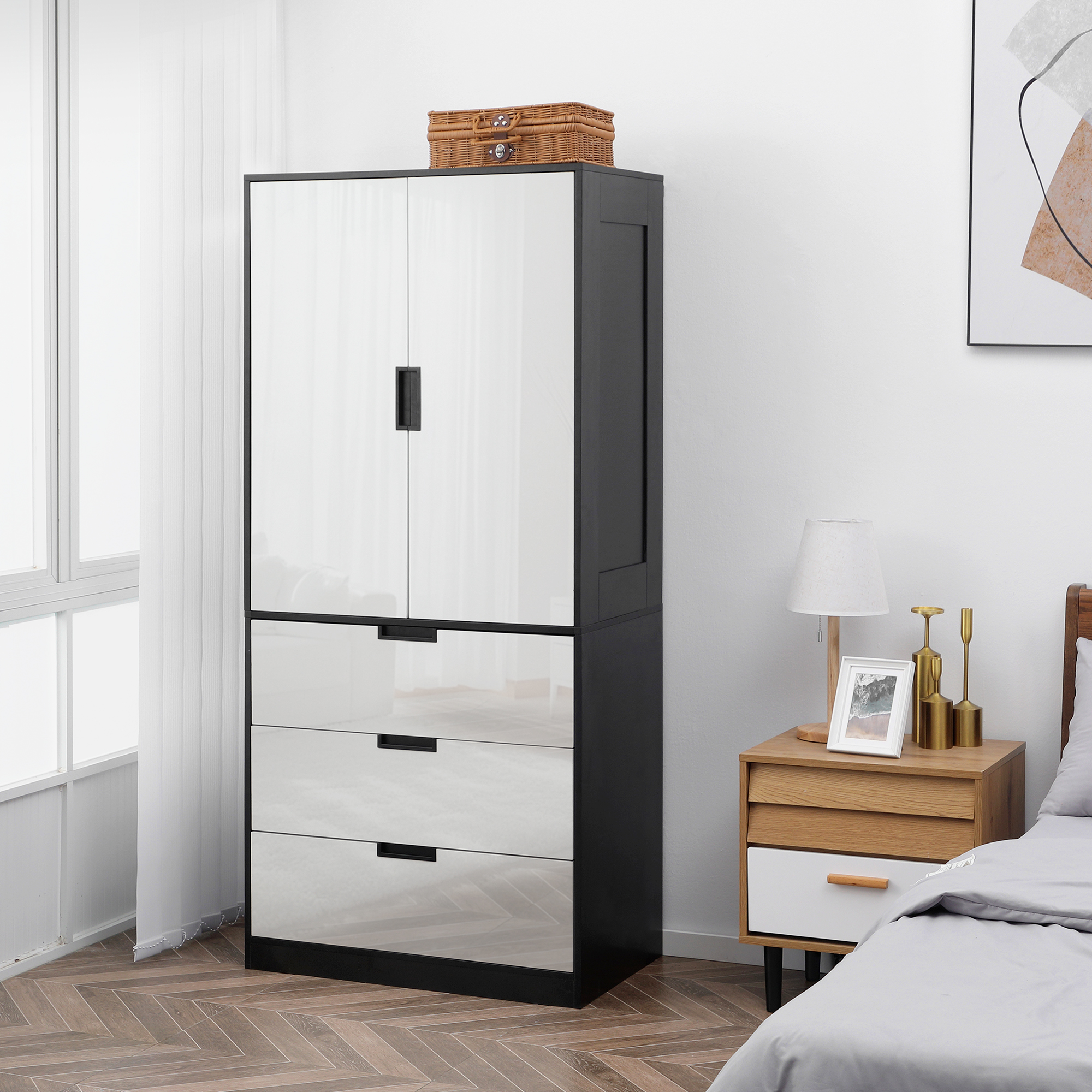 HOMCOM 2 Door Wardrobe, Modern Wardrobe with 3 Drawers and Hanging Rod for Bedroom, High Gloss White 8