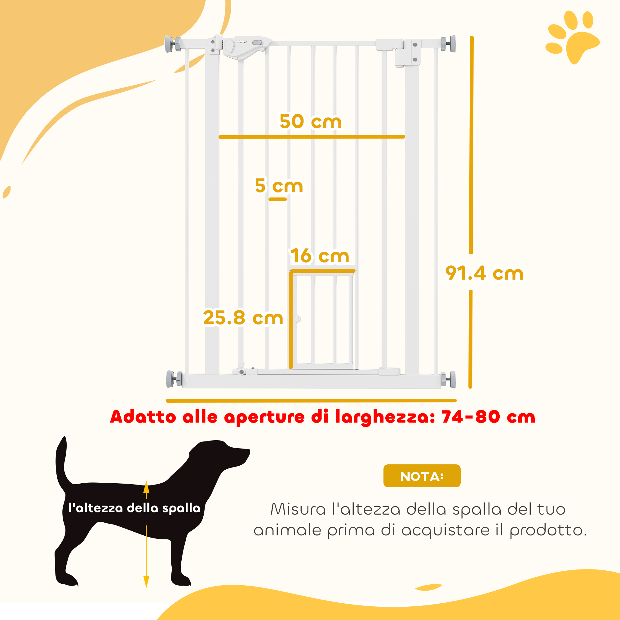 PawHut Cancellino Per Cani Regolabile 74-80x76.2 Cm | Porta Piccola Per Gatti E Chiusura Automatica | Doppia Sicurezza E Montaggio A Pressione | Acciaio Solido E Trattamento Antipiombo | Bianco