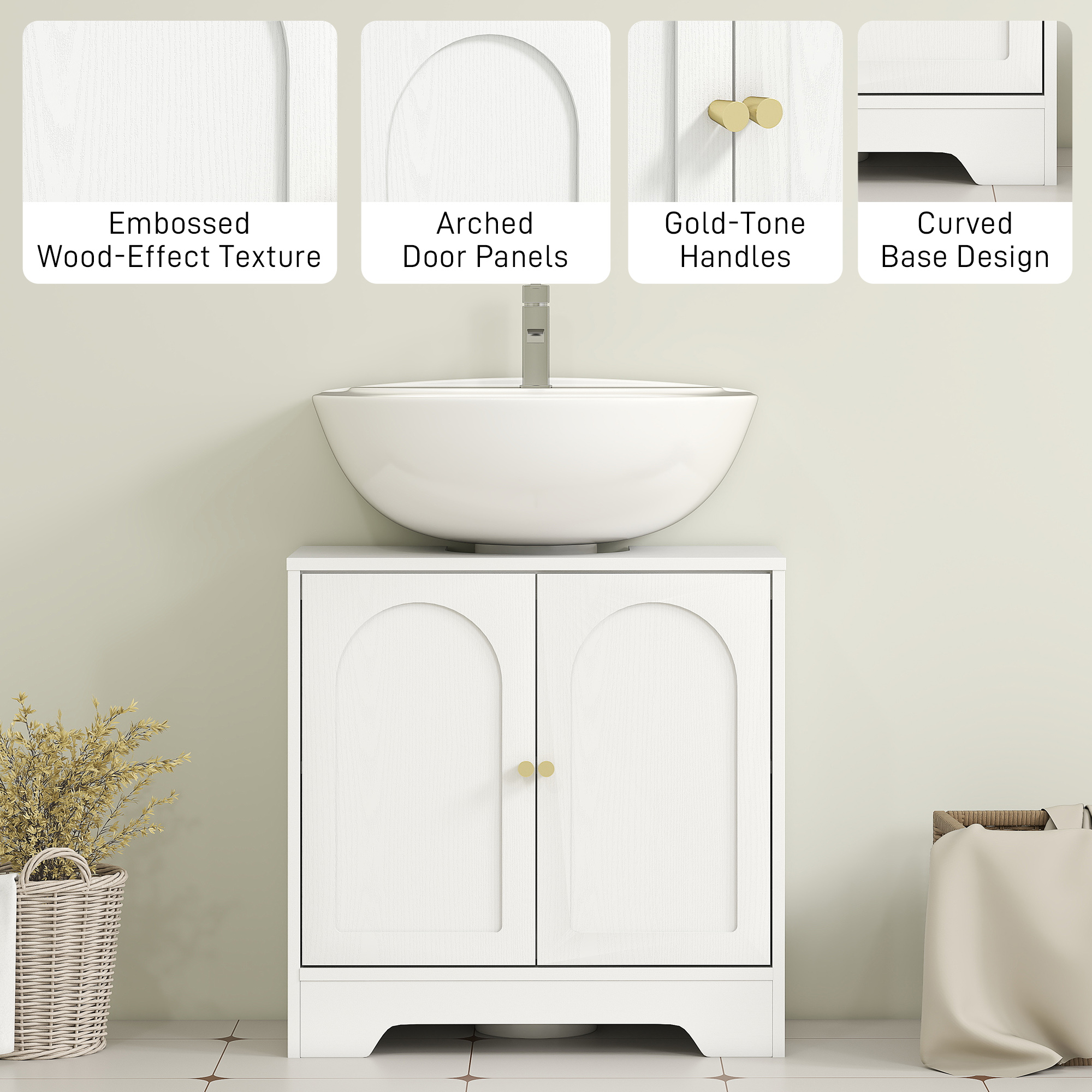 HOMCOM Under Sink Bathroom Cabinet with 2 Arch Doors White 7