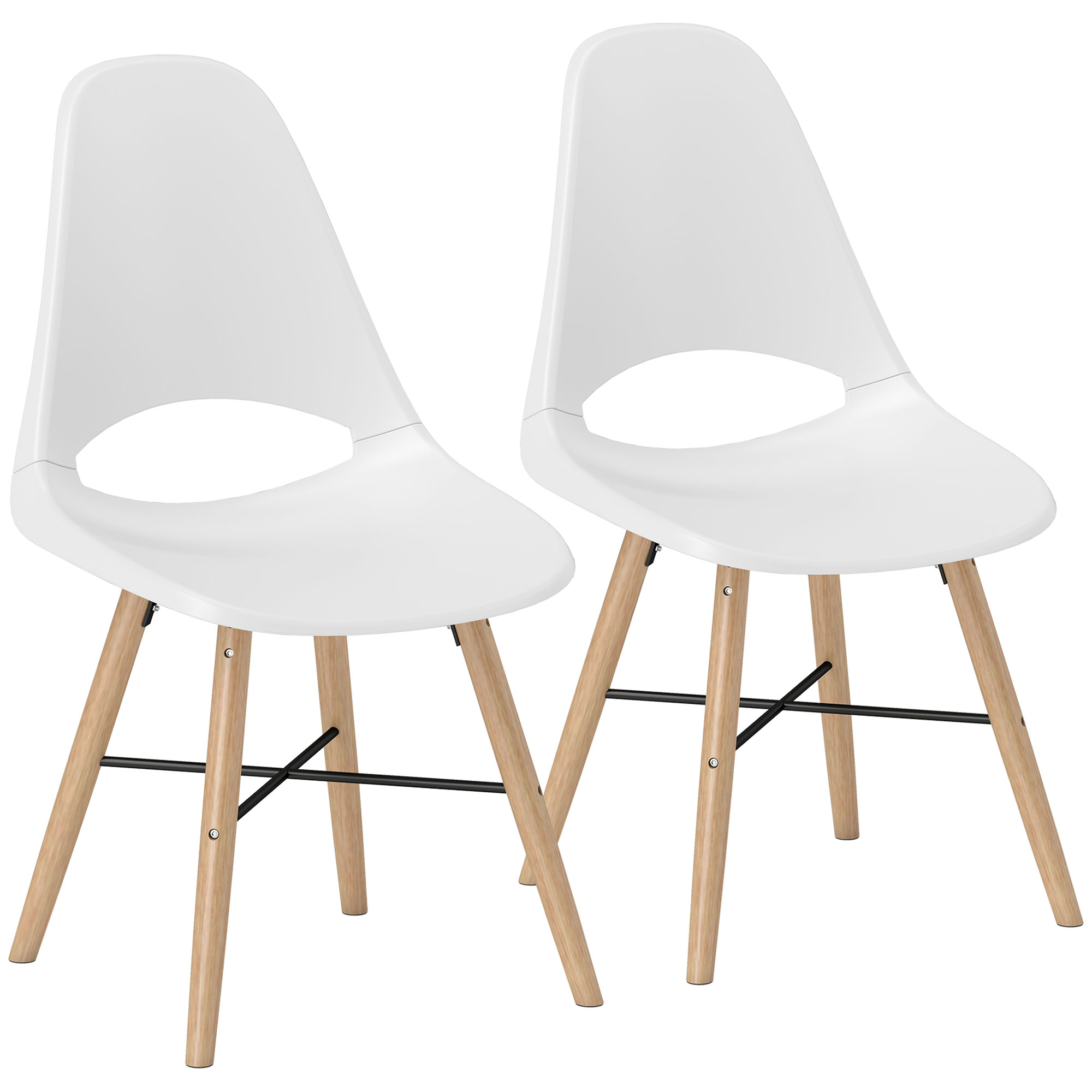 HOMCOM Pack de 2 Sillas de Comedor de Plástico con Respaldo Curvado y Patas de Madera de Caucho Blanco