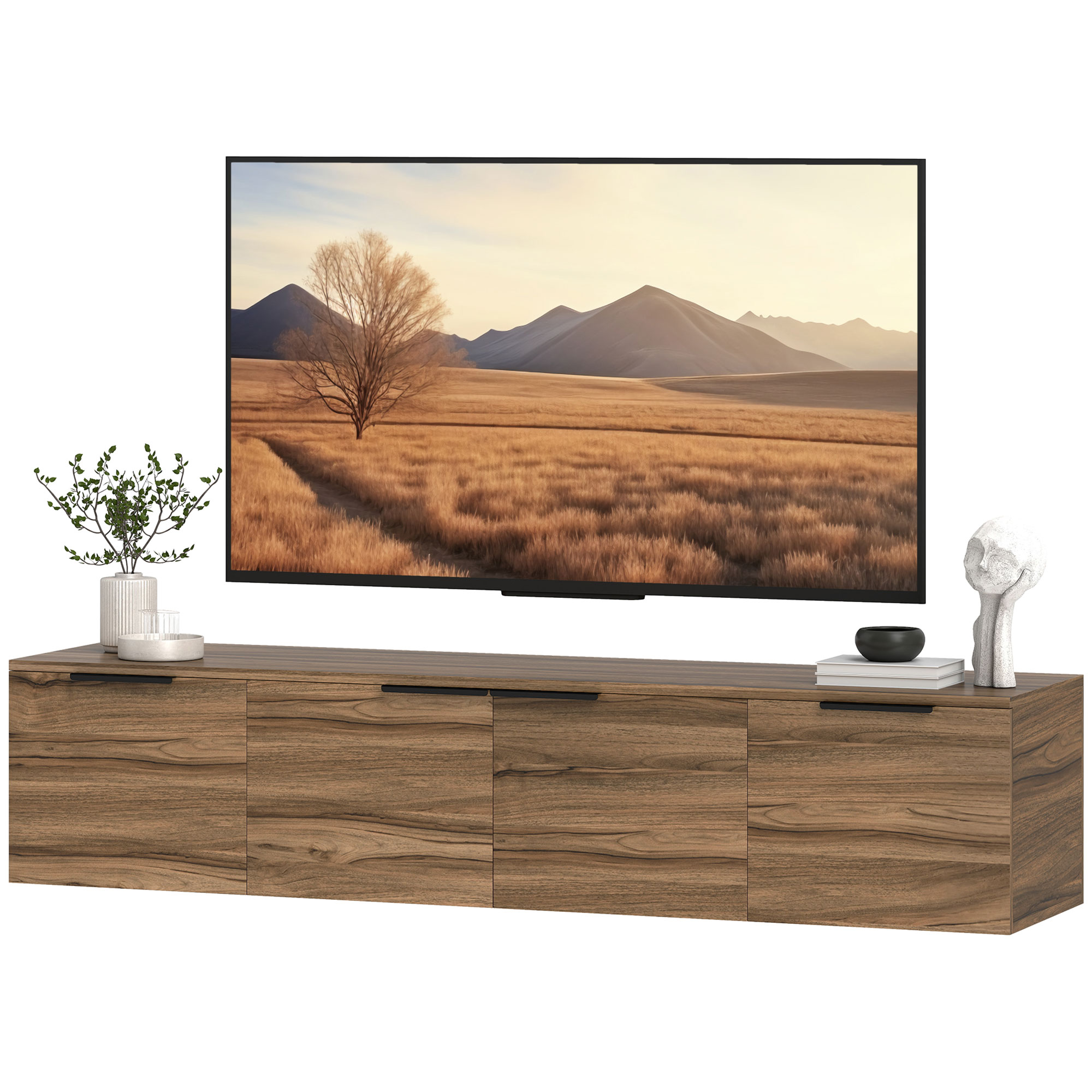 HOMCOM Meuble TV suspendu meuble télé pour téléviseur jusqu'à 65 pouces avec 3 placards à portes, 150 x 35 x 32 cm, marron