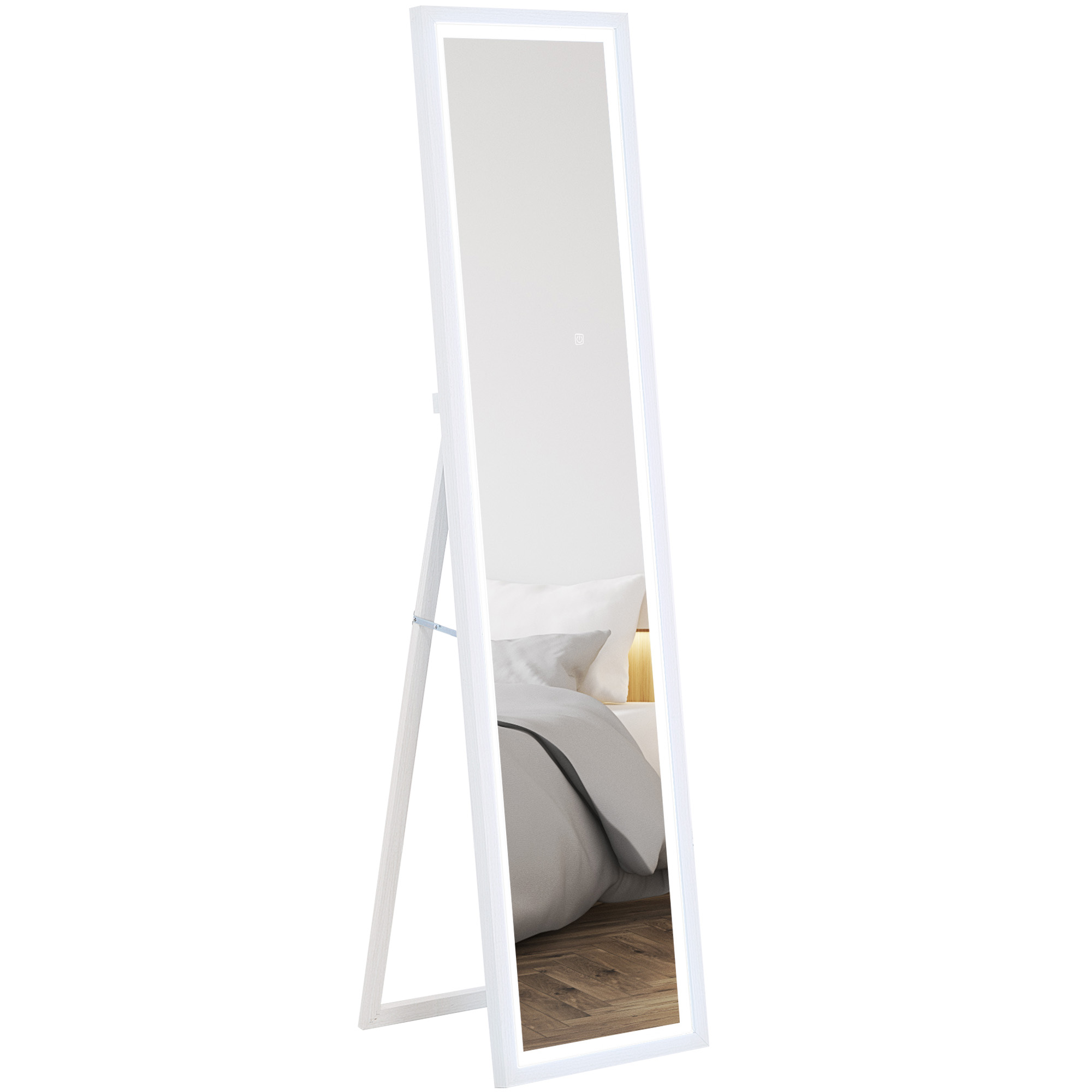 HOMCOM Grand miroir pleine longueur, miroir mural ou sur pied rectangulaire, 40 x 160 cm avec éclairage LED 3 couleurs, blanc