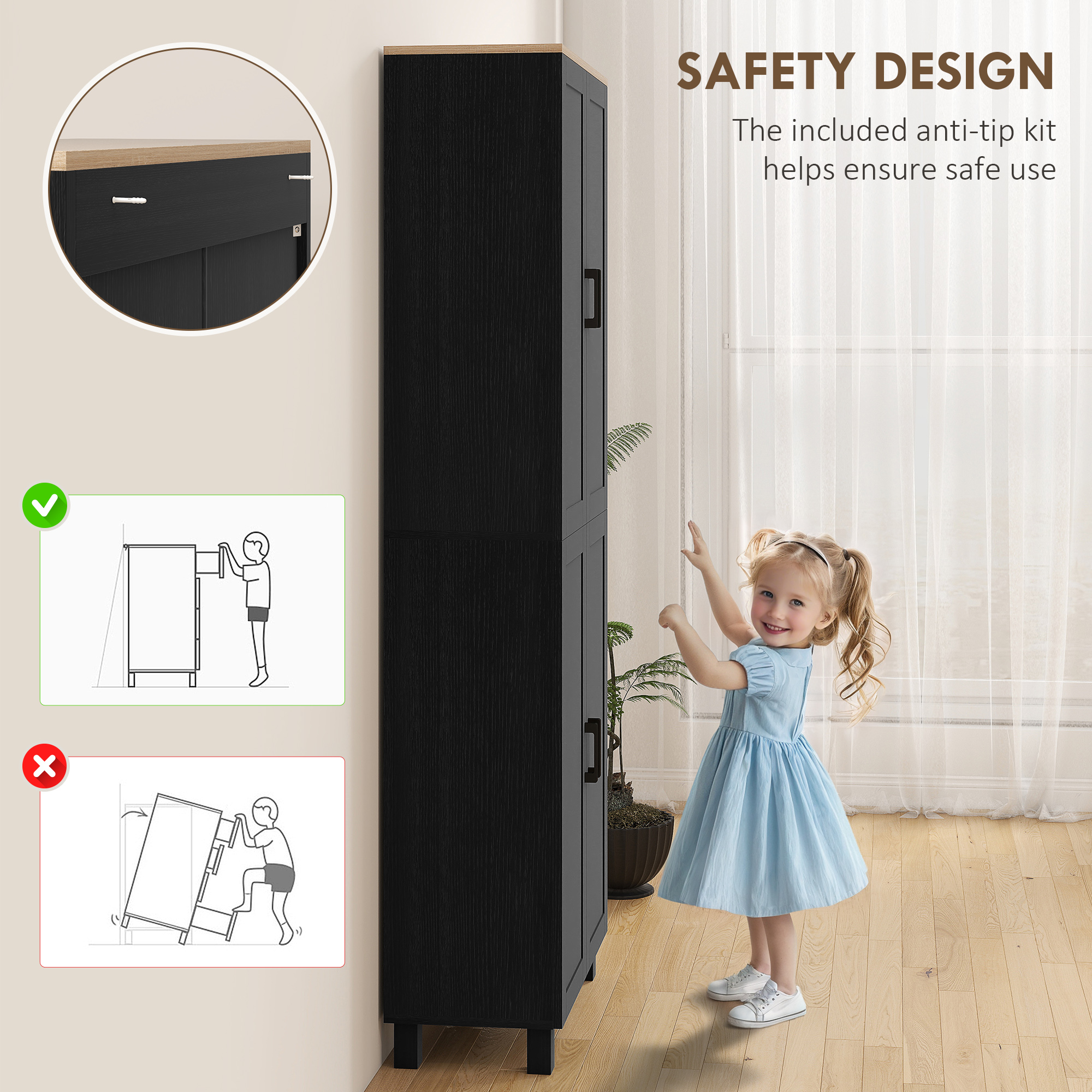 HOMCOM Freestanding Kitchen Cupboard, 4-Door Storage Cabinet with Adjustable Shelves, Modern Kitchen Pantry for Dining Room, 170cm, Black 6