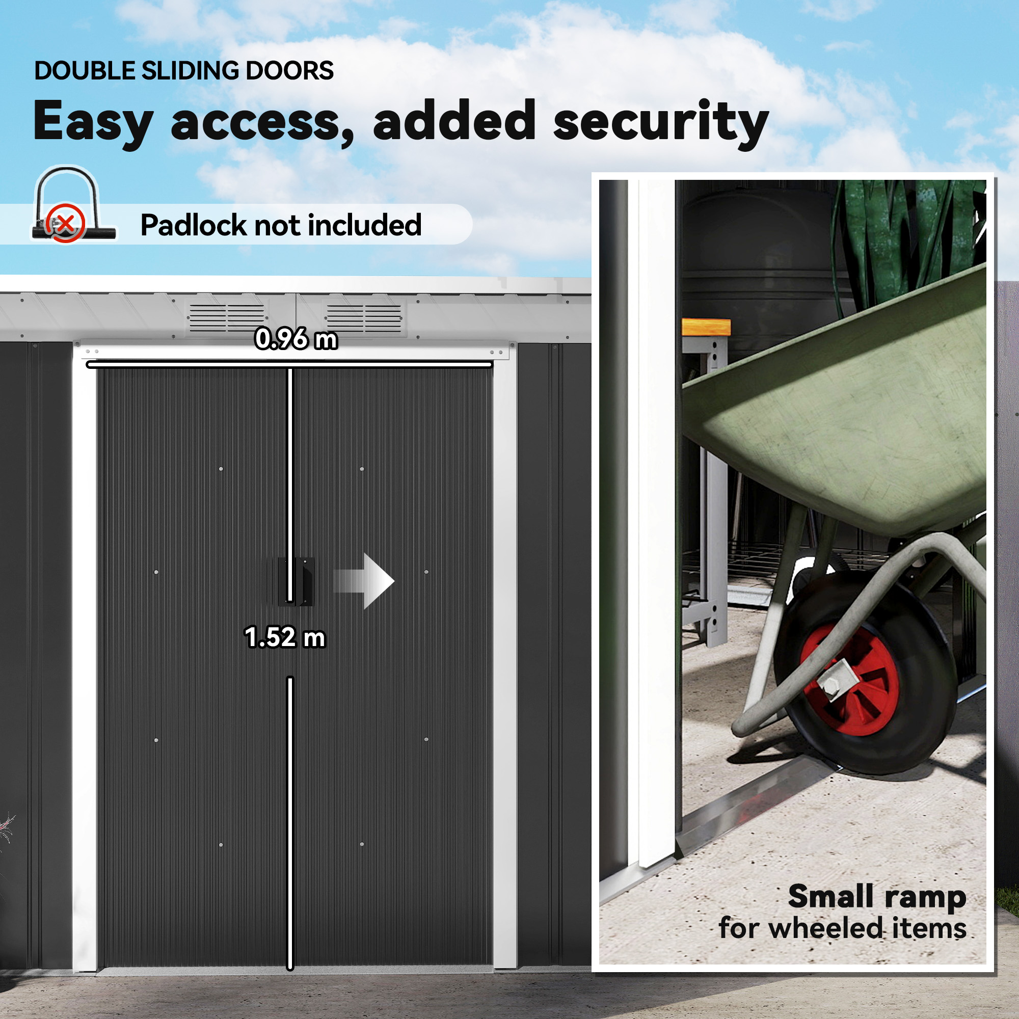 Outsunny 9ft x 4ft Metal Garden Shed, Outdoor Tool House with Foundation Kit, Ventilations and Double Doors, Dark Grey 5