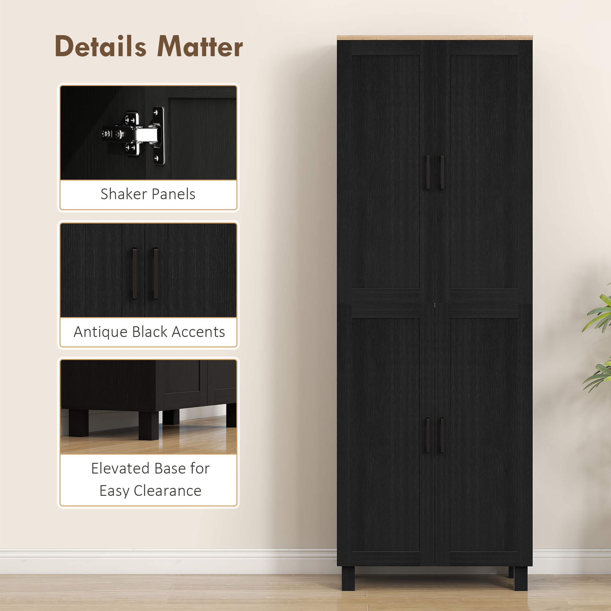 HOMCOM Freestanding Kitchen Cupboard, 4-Door Storage Cabinet with Adjustable Shelves, Modern Kitchen Pantry for Dining Room, 170cm, Black 7
