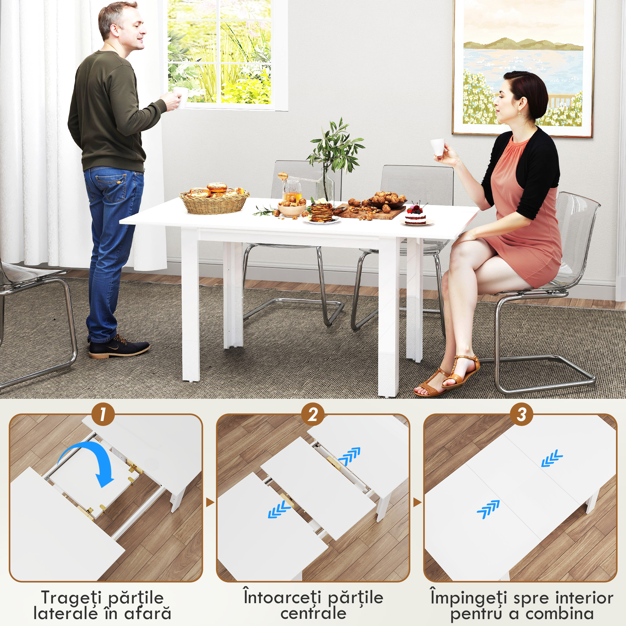  Masa Extensibila pentru 4-6 Persoane cu Panouri Rabatabile, 120-160x80x78 cm, Alb Lucios [4]