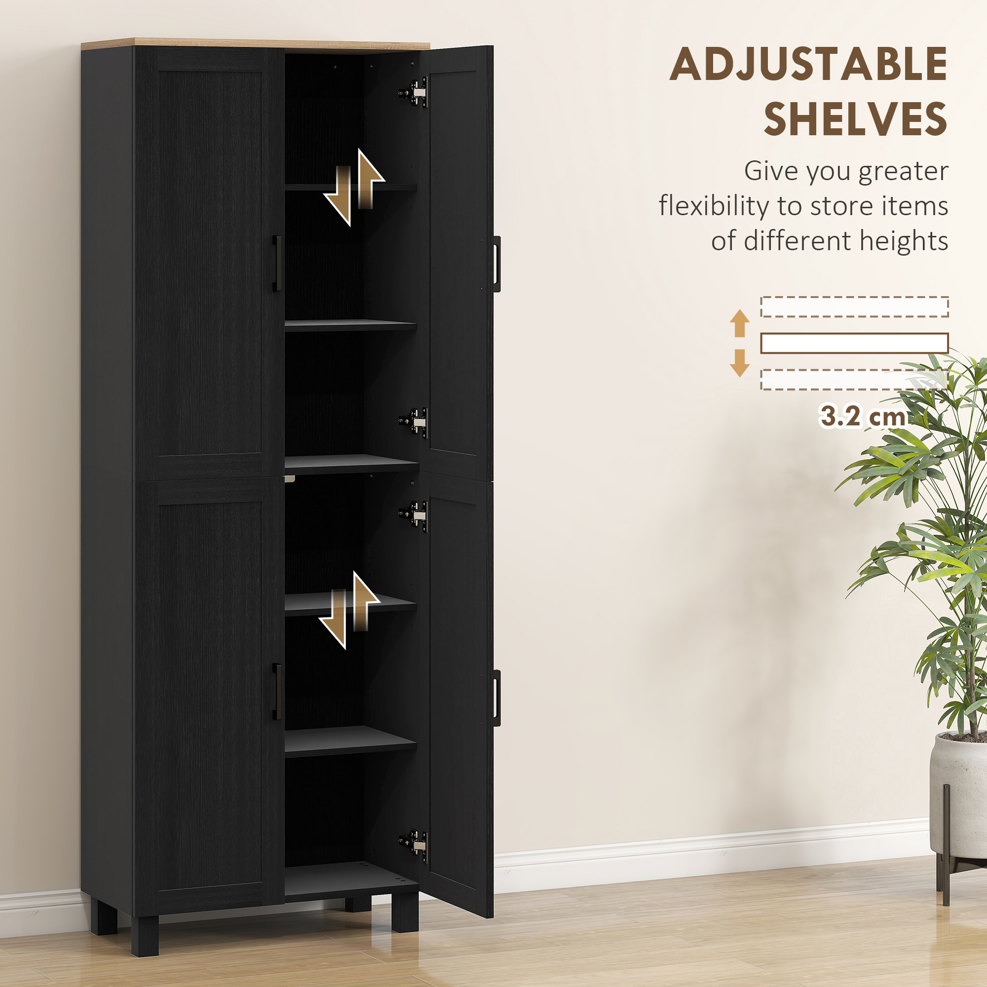 HOMCOM Freestanding Kitchen Cupboard, 4-Door Storage Cabinet with Adjustable Shelves, Modern Kitchen Pantry for Dining Room, 170cm, Black 5