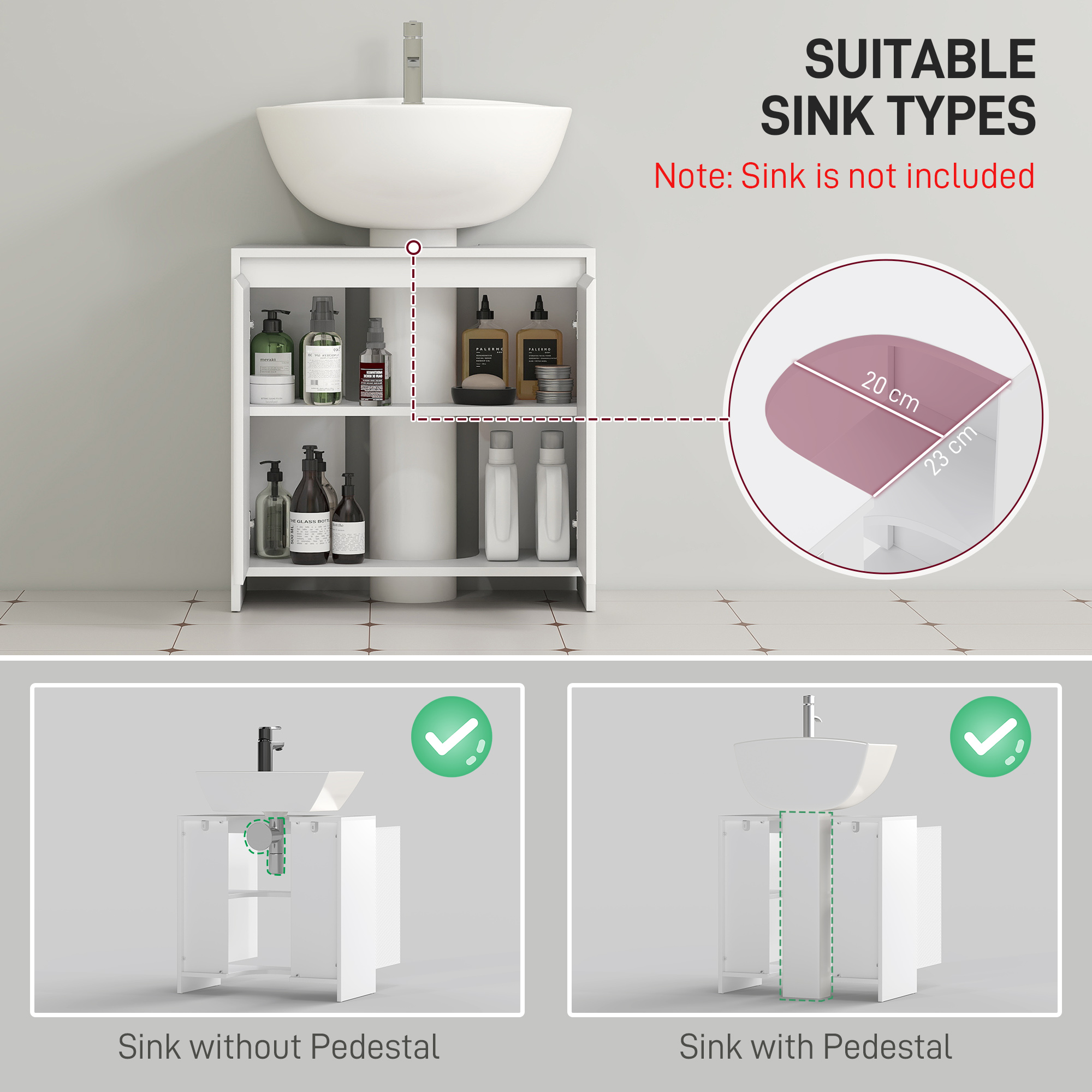HOMCOM Under Sink Bathroom Cabinet, Freestanding Under Sink Cabinet with 2 Doors and Shelf for Basin without or with Pedestal, White 4