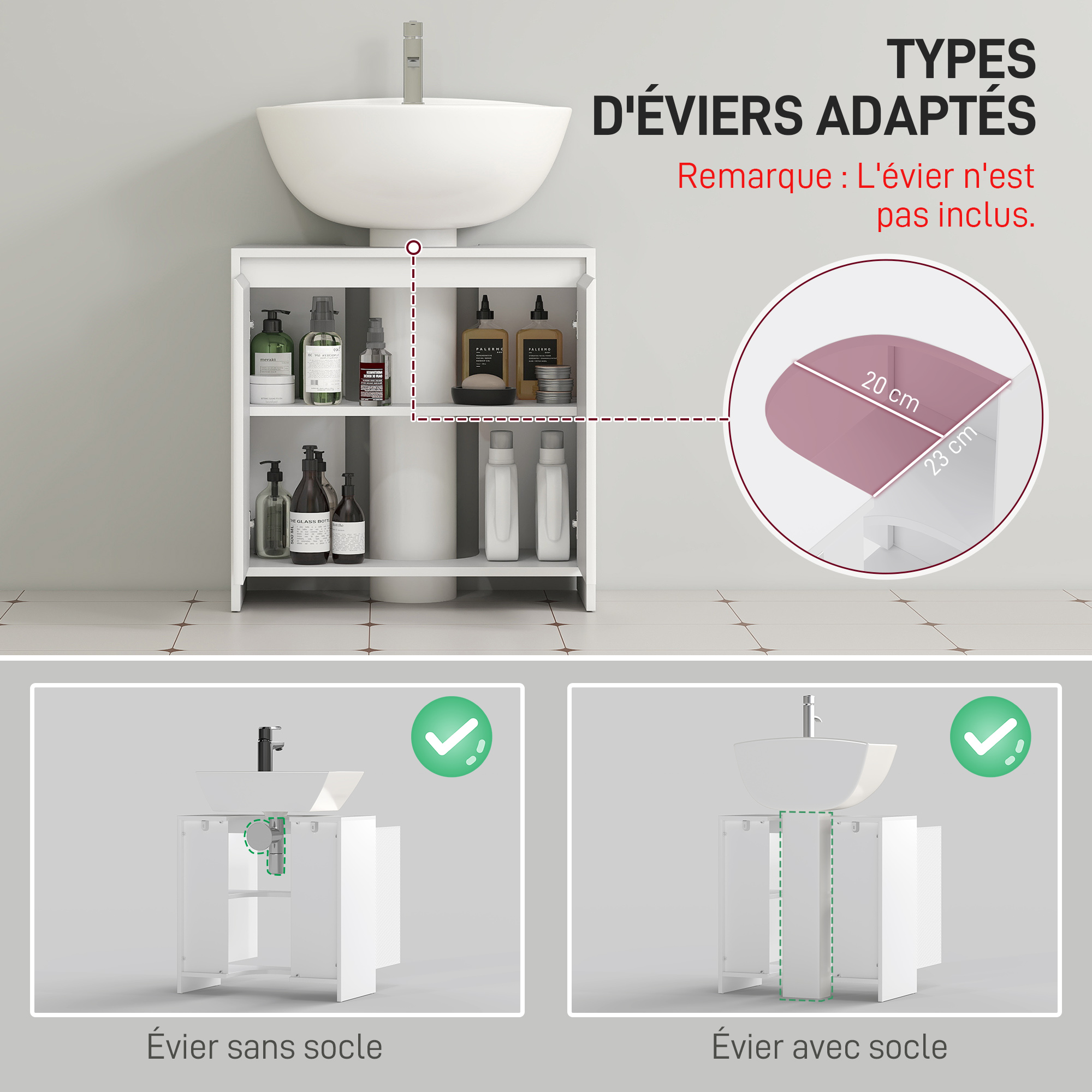 Meuble Sous Lavabo - HOMCOM - 6 étagères Ouvertes Et Porte à Fermeture Amortie - Lavabo Avec/sans Piédestal - 60 X 33 X 57 Cm - Vert - Maison