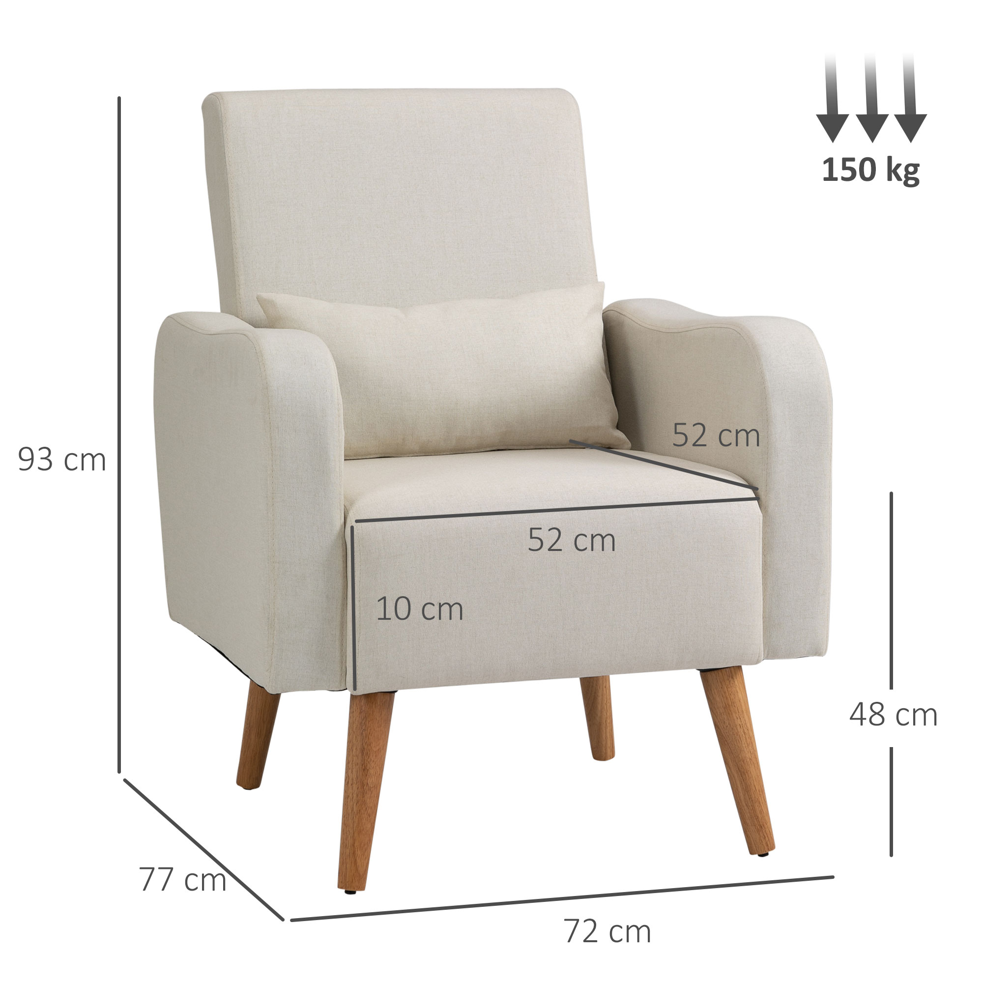 HOMCOM Accent Chair, Linen-Touch Armchair with Pillow, Upholstered Leisure Lounge Sofa for Living Room, Club Chair with Rubber Wooden Frame, Cream 3