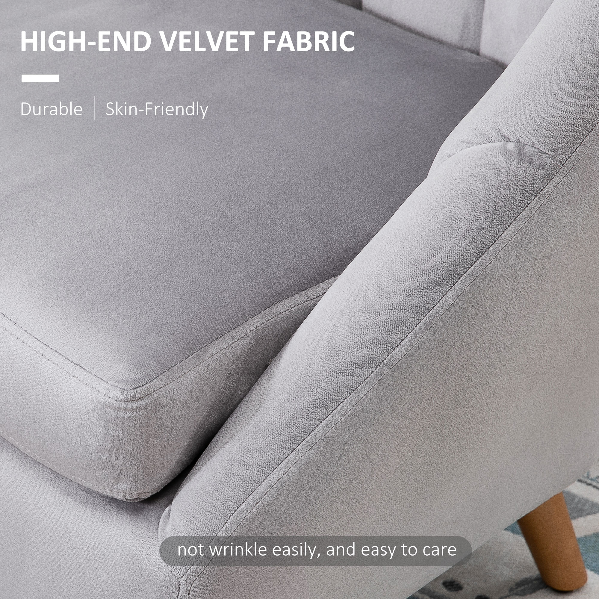 HOMCOM Accent Chair Velvet Fabric Single Sofa Armchair Home Living Room Solid Wood Leg Upholstered Side Armchair Grey 4