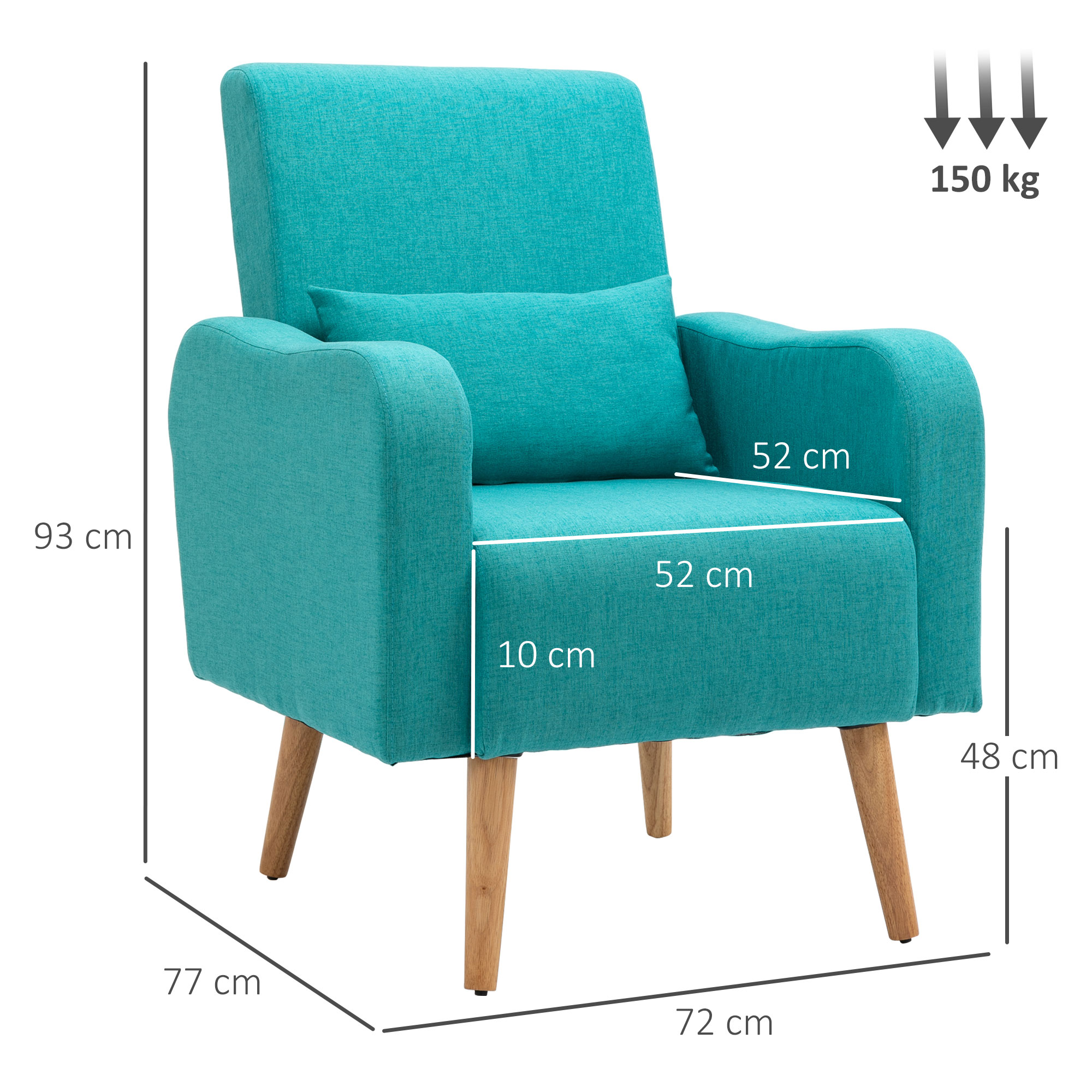 HOMCOM Accent Chair, Linen-Touch Armchair with Pillow, Upholstered Leisure Lounge Sofa for Living Room, Club Chair with Rubber Wooden Frame, Teal 3
