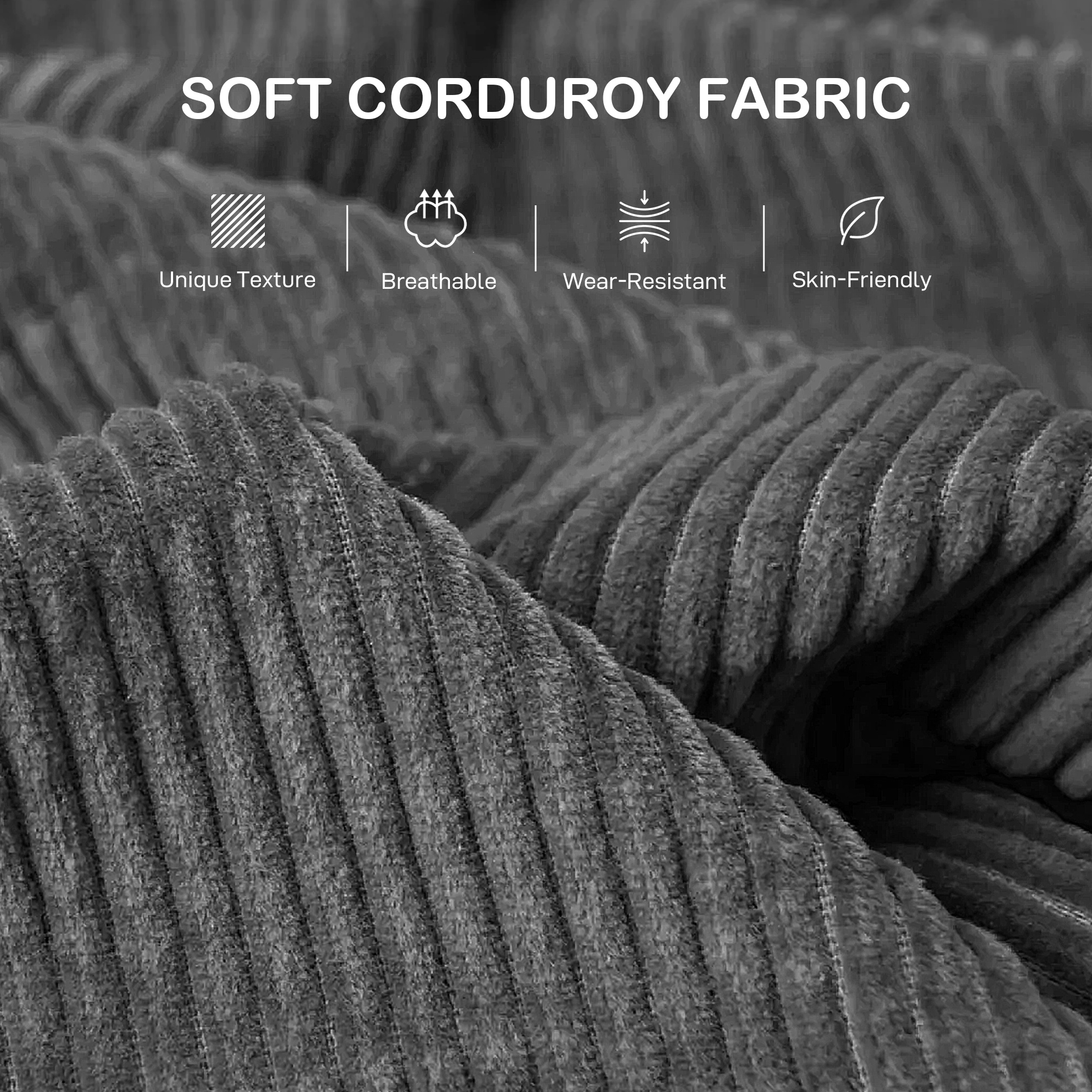 HOMCOM Modern 3 Seater Sofa with Spring Cushion, 212 cm Fabric Jumbo Cord Sofa Couch with 2 Scatter Cushions, Upholstered Corduroy Settee for Living Room, Bedroom, Home Office, Grey 6