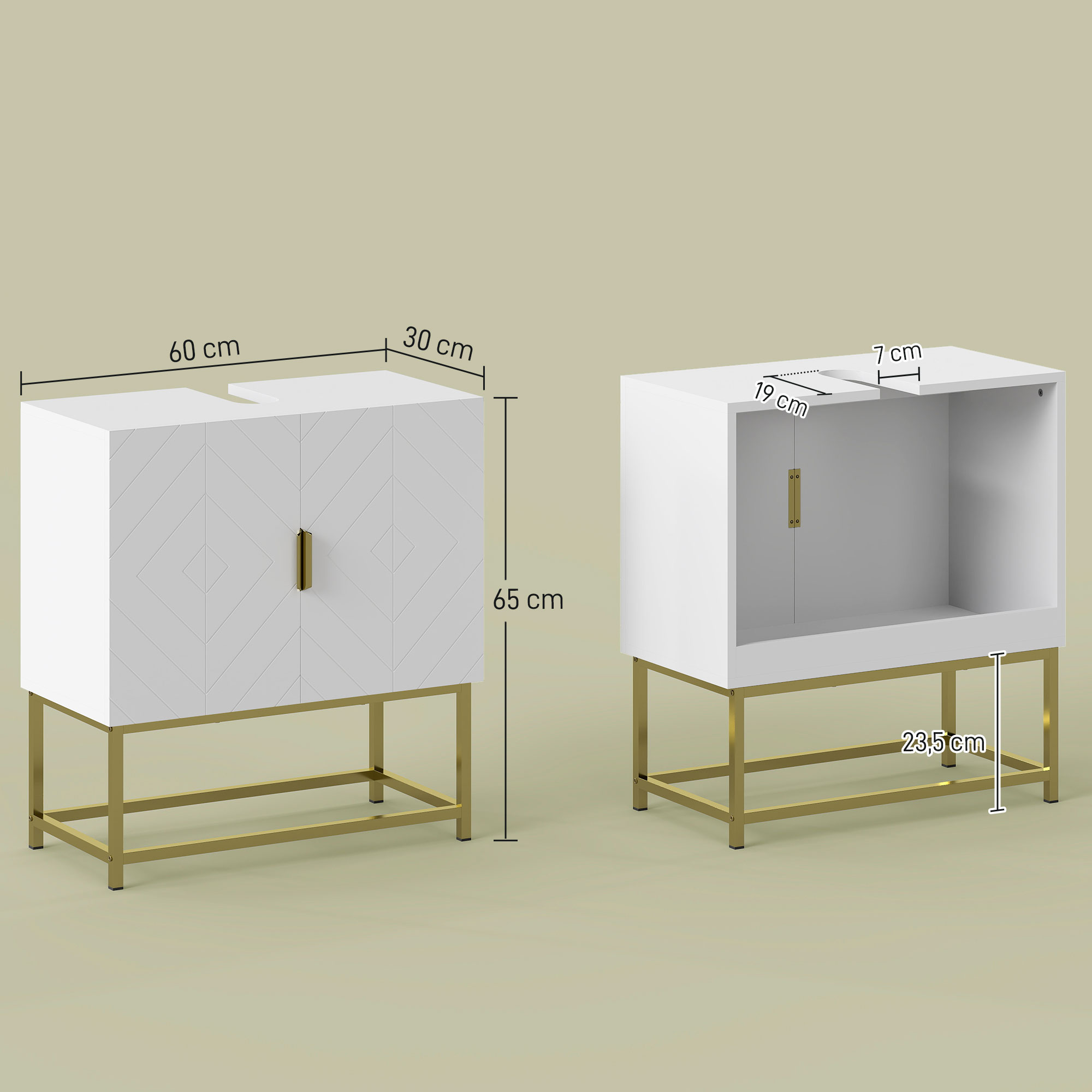 Mueble Bajo Lavabo Kleankin | Armario Baño Moderno 2 Puertas, Patas Doradas, 60x30x65 Cm, Blanco