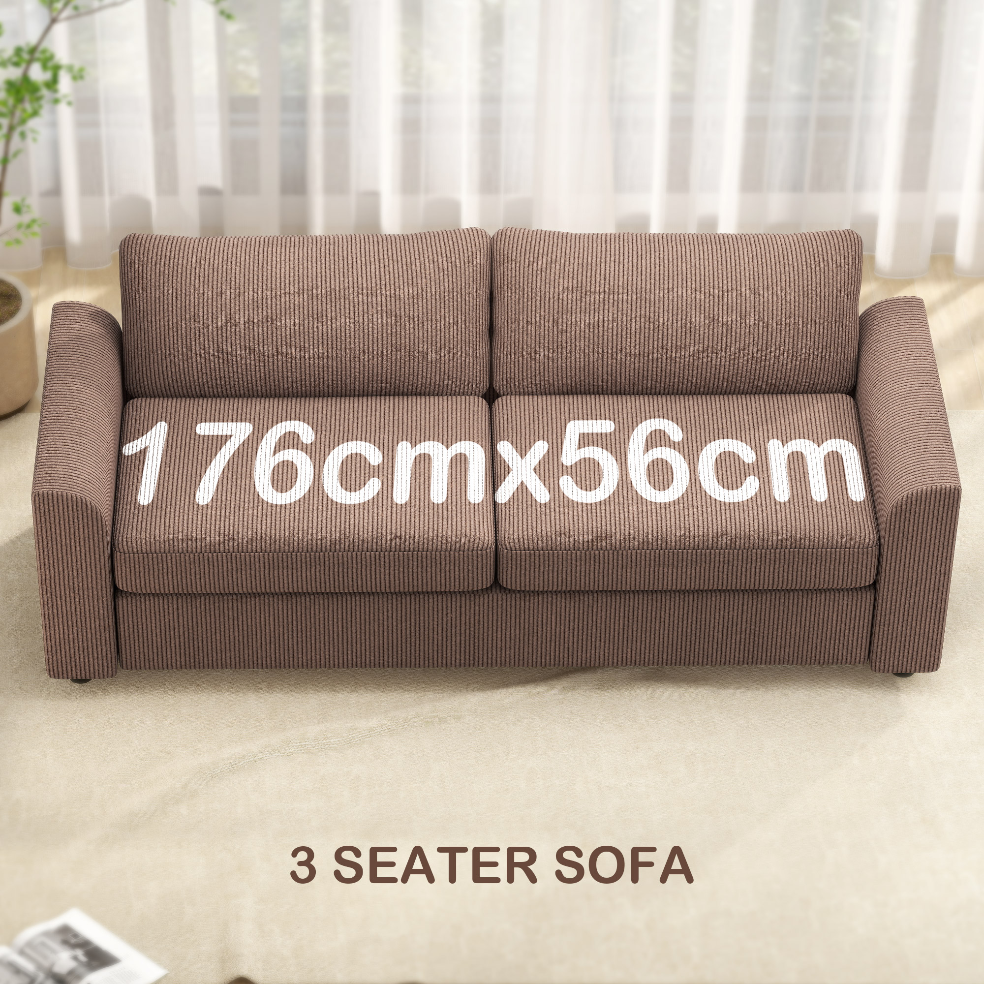 HOMCOM Modern 3 Seater Sofa with Spring Cushion, 212 cm Fabric Jumbo Cord Sofa Couch with 2 Scatter Cushions, Upholstered Corduroy Settee for Living Room, Bedroom, Home Office, Coffee 4