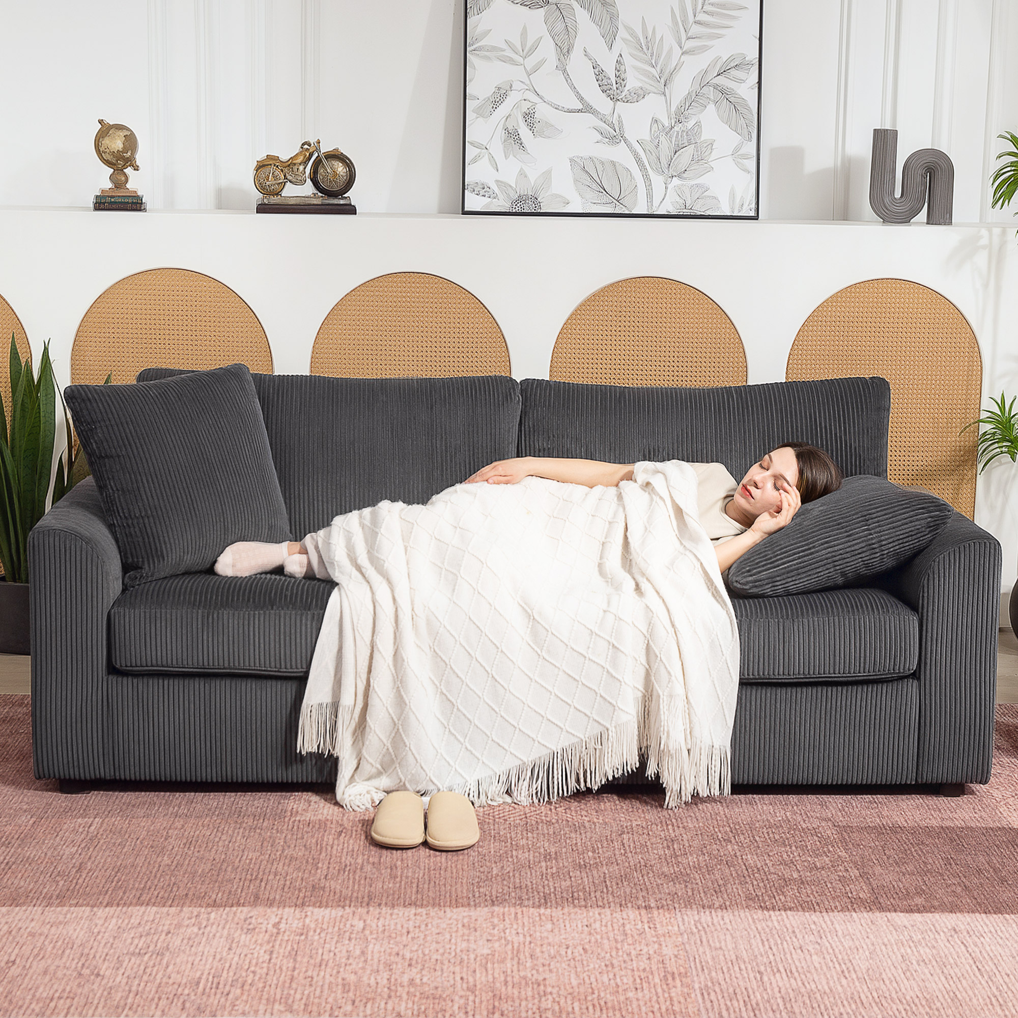 HOMCOM Modern 3 Seater Sofa with Spring Cushion, 212 cm Fabric Jumbo Cord Sofa Couch with 2 Scatter Cushions, Upholstered Corduroy Settee for Living Room, Bedroom, Home Office, Grey 7