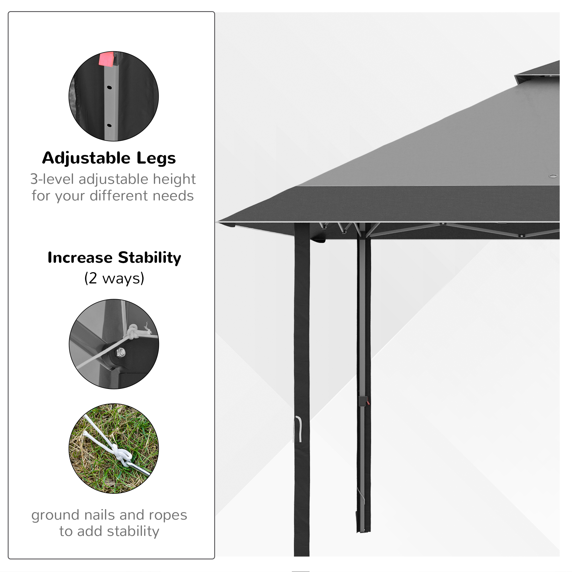 Outsunny 4 x 4m Pop-up Gazebo Double Roof Canopy Tent with UV Proof, Roller Bag & 3-Level Height Adjustable Outdoor Party, Steel Frame, Grey 5