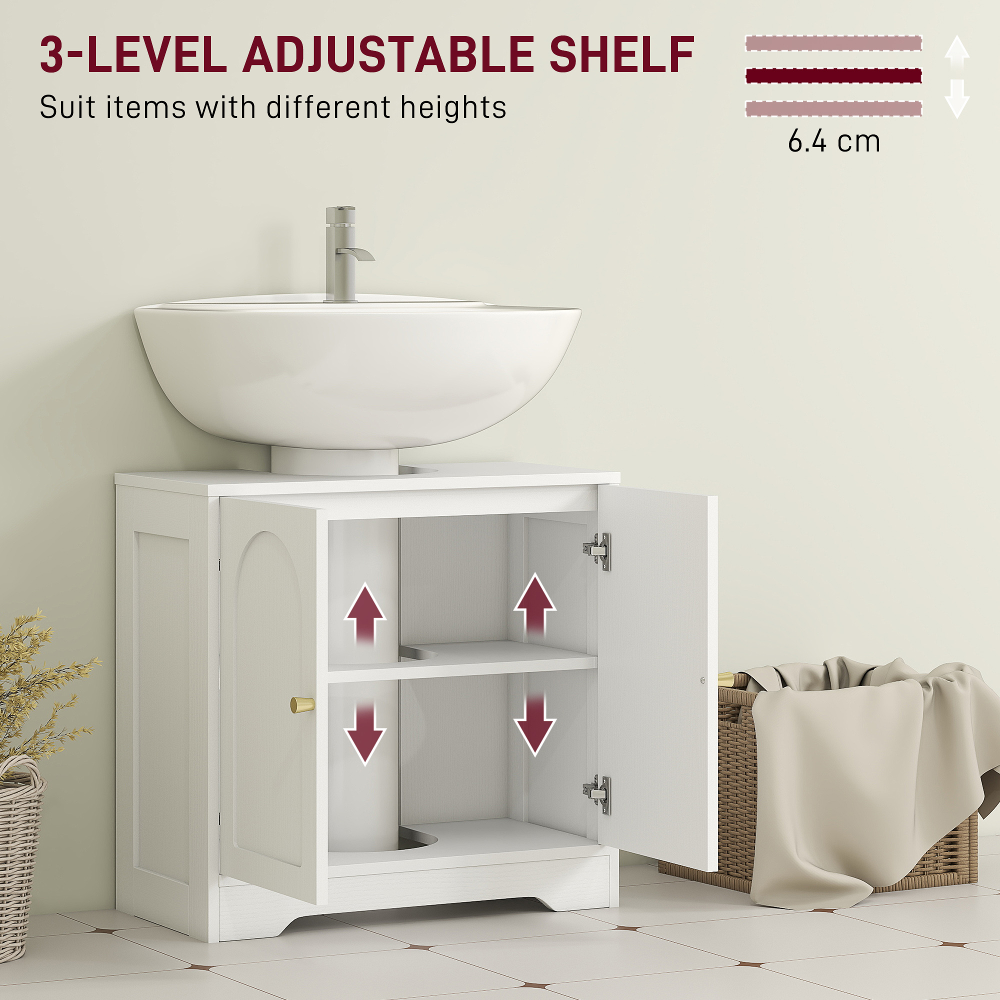 HOMCOM Under Sink Bathroom Cabinet with 2 Arch Doors White 5