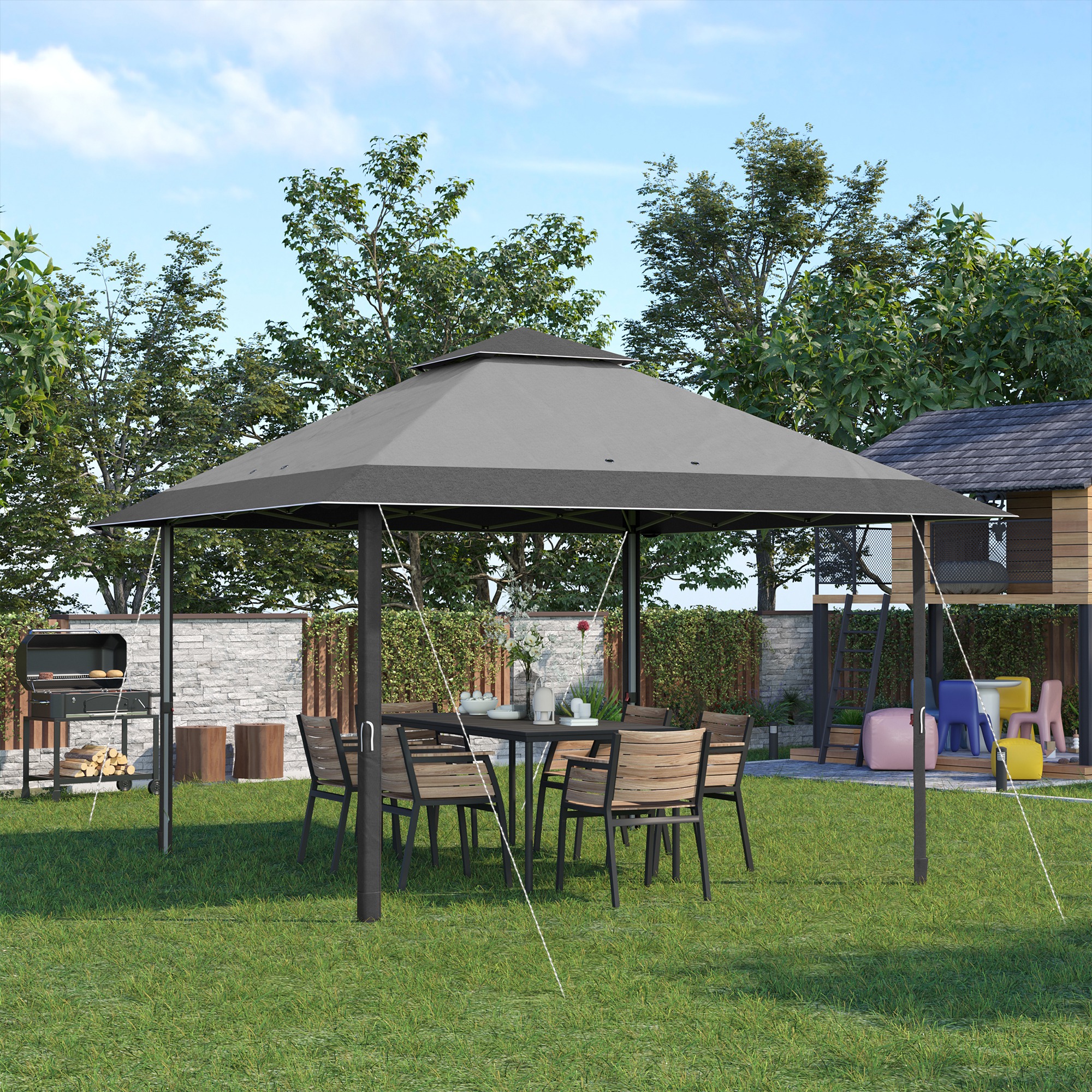 Outsunny 4 x 4m Pop-up Gazebo Double Roof Canopy Tent with UV Proof, Roller Bag & 3-Level Height Adjustable Outdoor Party, Steel Frame, Grey 2