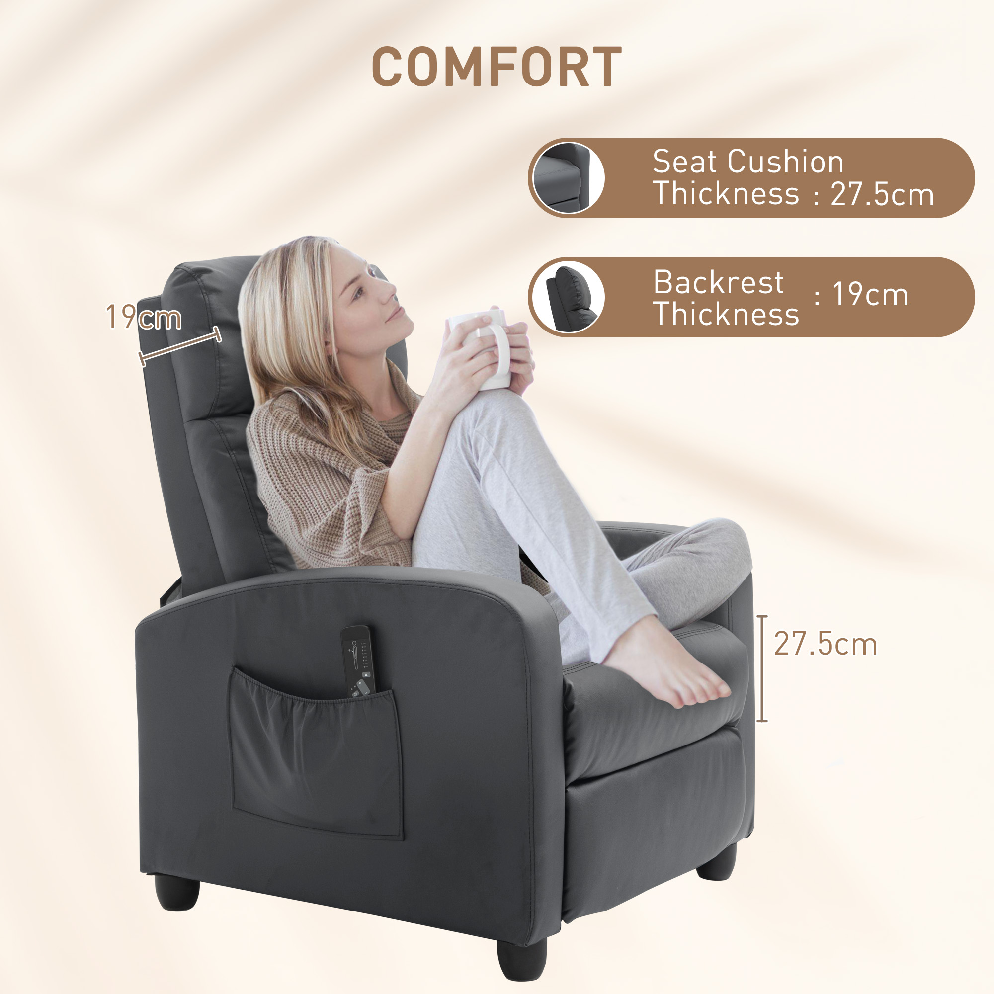 HOMCOM Recliner Armchair, Massage Faux Leather Push Back Reclining Chair with Adjustable Leg Rest, Side Pocket, for Home Living Room Theatre, Grey 6