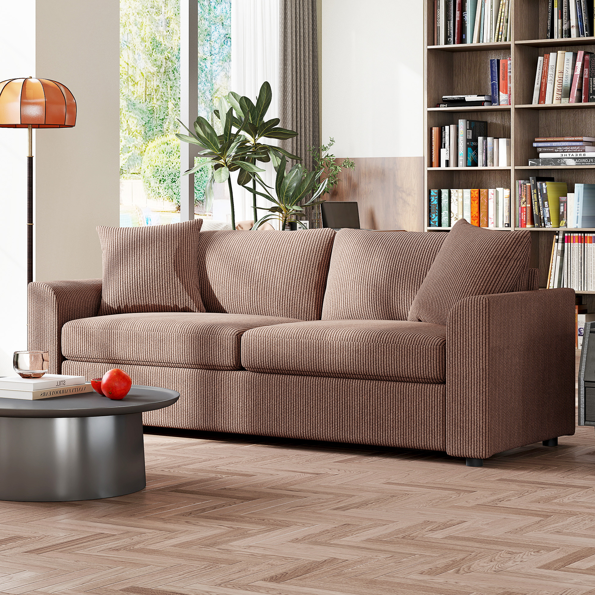 HOMCOM Modern 3 Seater Sofa with Spring Cushion, 212 cm Fabric Jumbo Cord Sofa Couch with 2 Scatter Cushions, Upholstered Corduroy Settee for Living Room, Bedroom, Home Office, Coffee 8