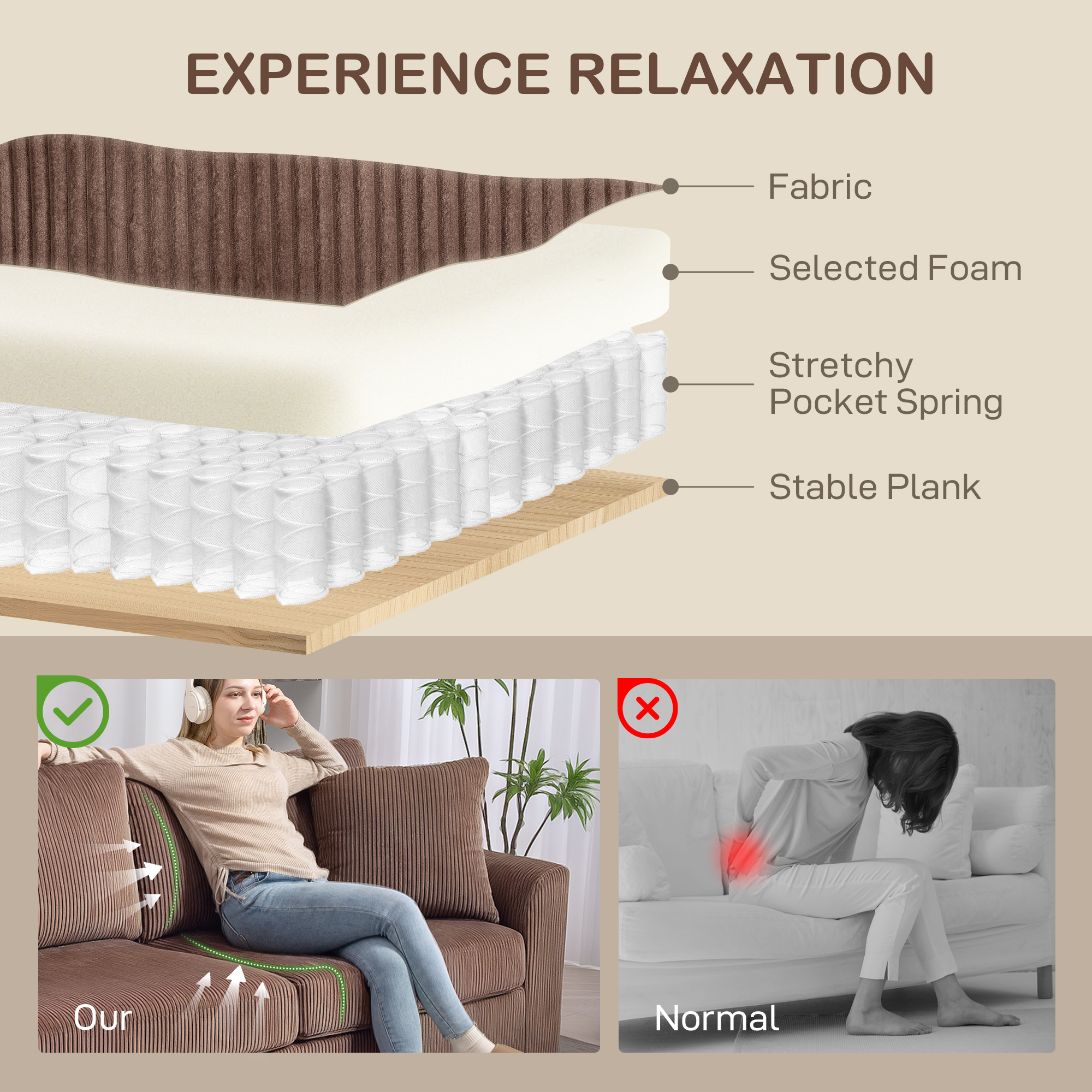 HOMCOM Modern 3 Seater Sofa with Spring Cushion, 212 cm Fabric Jumbo Cord Sofa Couch with 2 Scatter Cushions, Upholstered Corduroy Settee for Living Room, Bedroom, Home Office, Coffee 5
