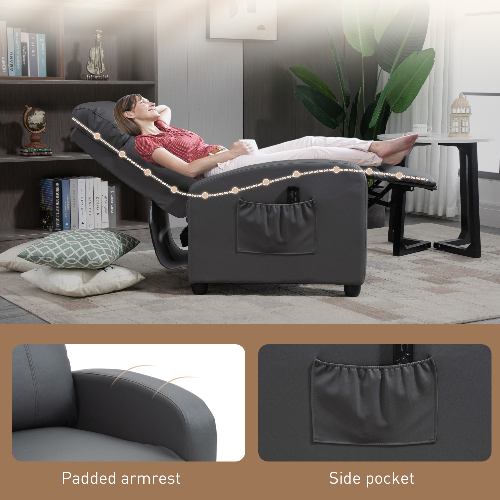 HOMCOM Recliner Armchair, Massage Faux Leather Push Back Reclining Chair with Adjustable Leg Rest, Side Pocket, for Home Living Room Theatre, Grey 7