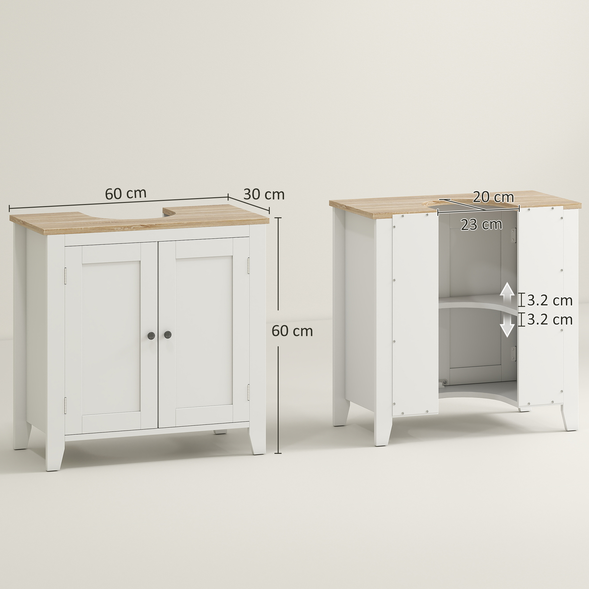 Mobile Sottolavabo Bagno Mendler HWC-B63 | 30x60x60 Cm | Bianco Verniciato | MDF Con 2 Sportelli E Ripiano Aperto