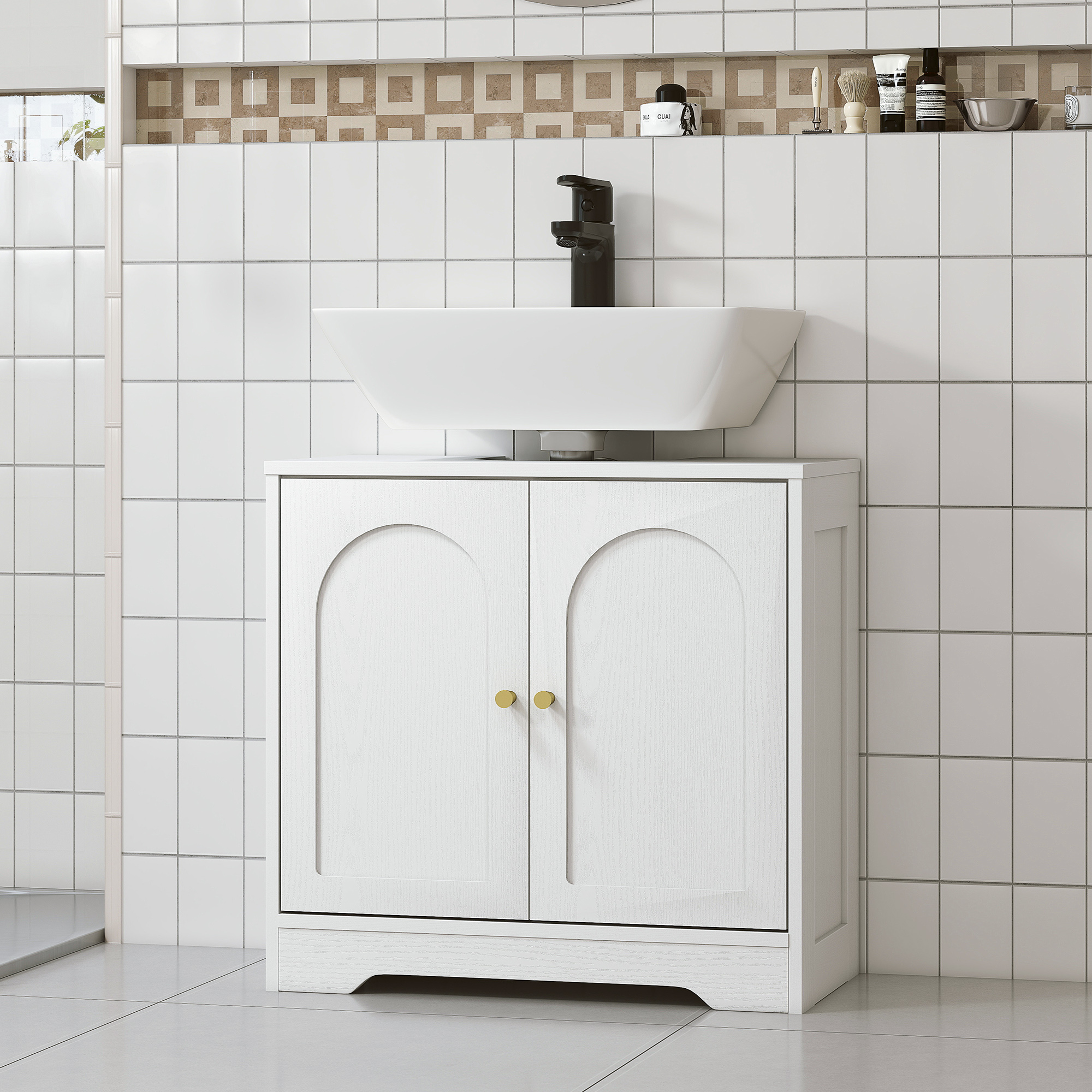 HOMCOM Under Sink Bathroom Cabinet with 2 Arch Doors White 9